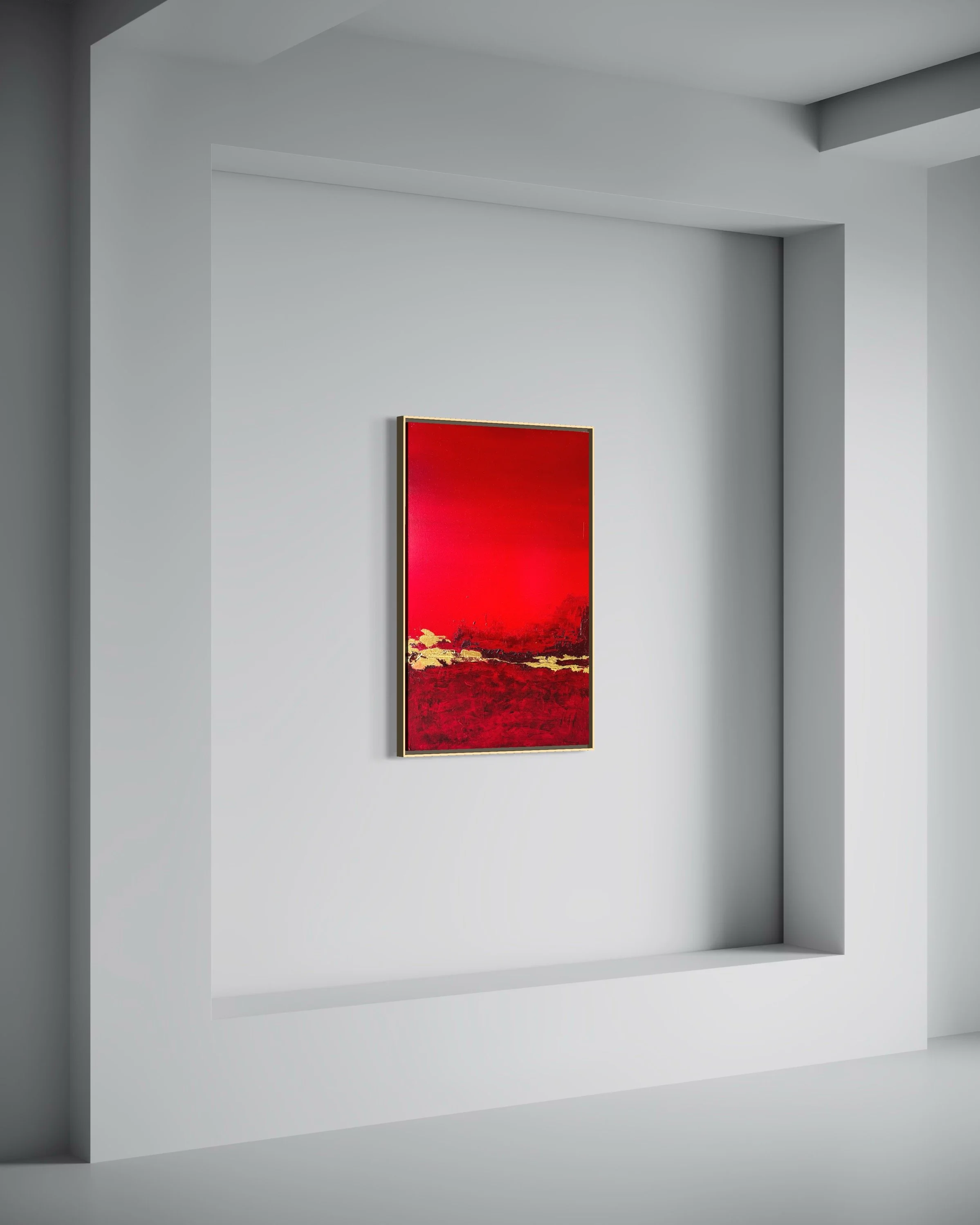 A modern art gallery with a primarily white interior and a single vertically oriented red painting with yellow and black accents on the wall. Sutra, an original abstract painting by Janne de Boer