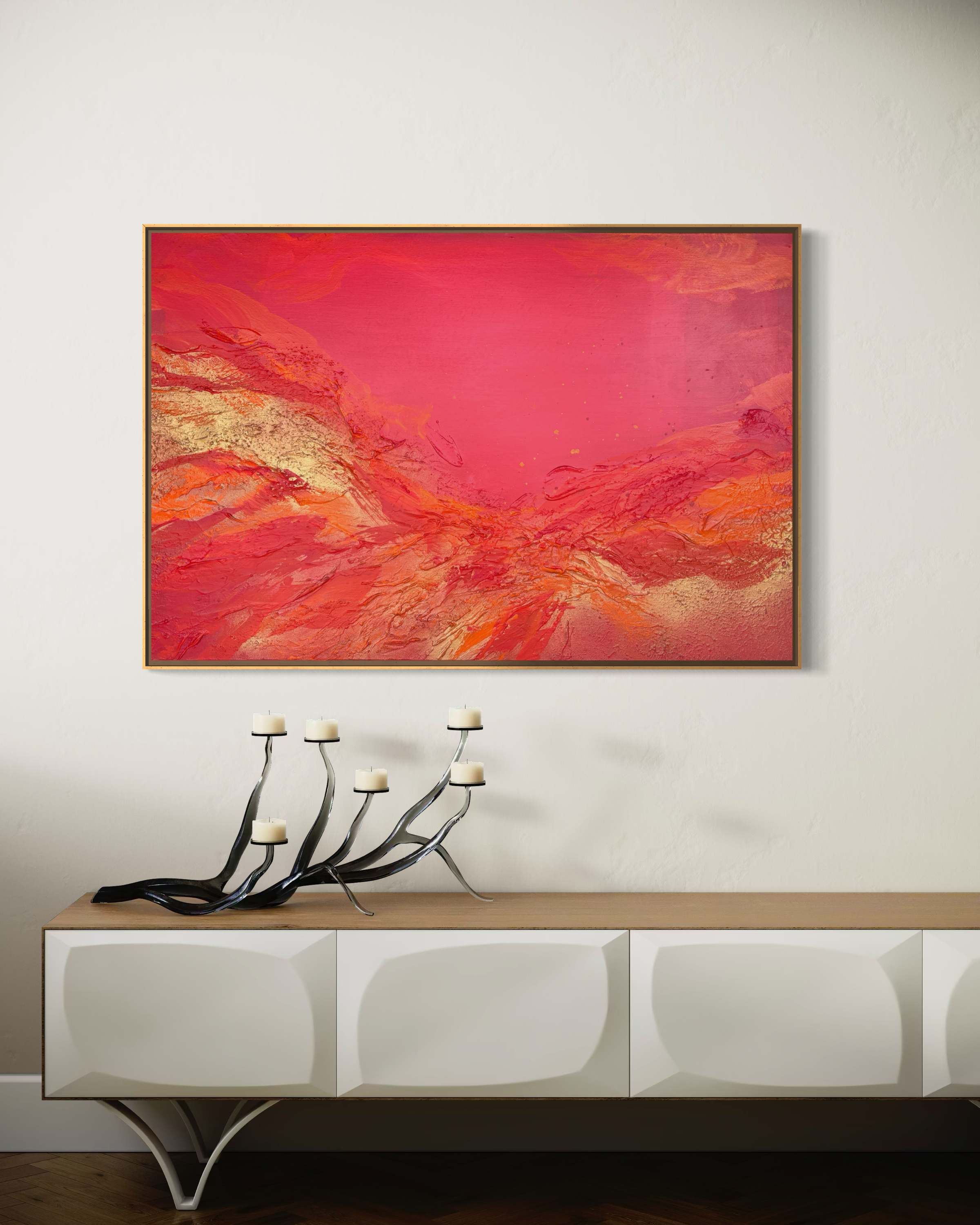 A white modern sideboard with rounded recessed doors and ornate black curved metal legs. On top, a dark wooden surface holds a minimalist black metal candelabrum with seven white candles. Original painting "Sutra" by Janne de Boer.