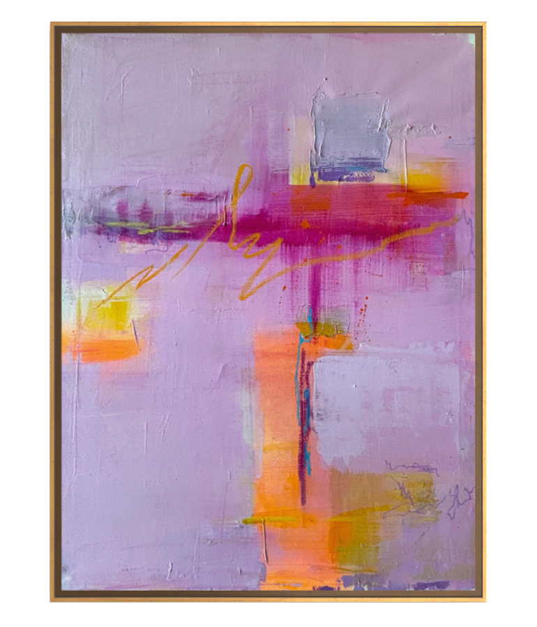 An abstract painting with a predominance of pink and purple shades, featuring splashes of yellow, orange, and blue, with various brushstrokes and textured areas. An original abstract painting by Janne de Boer.