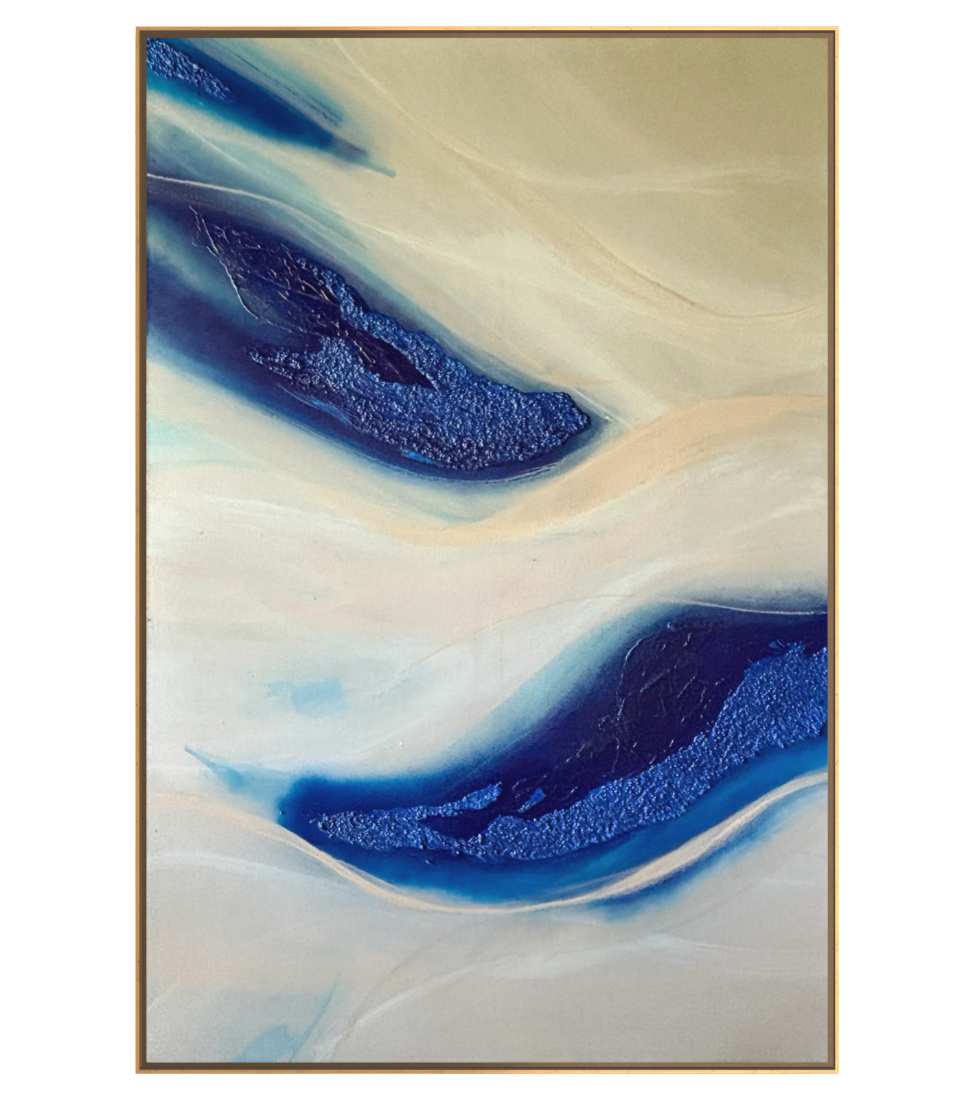 Abstract painting with flowing blue, white, and beige colors and textured dark blue areas. Original abstract painting by Janne de Boer.