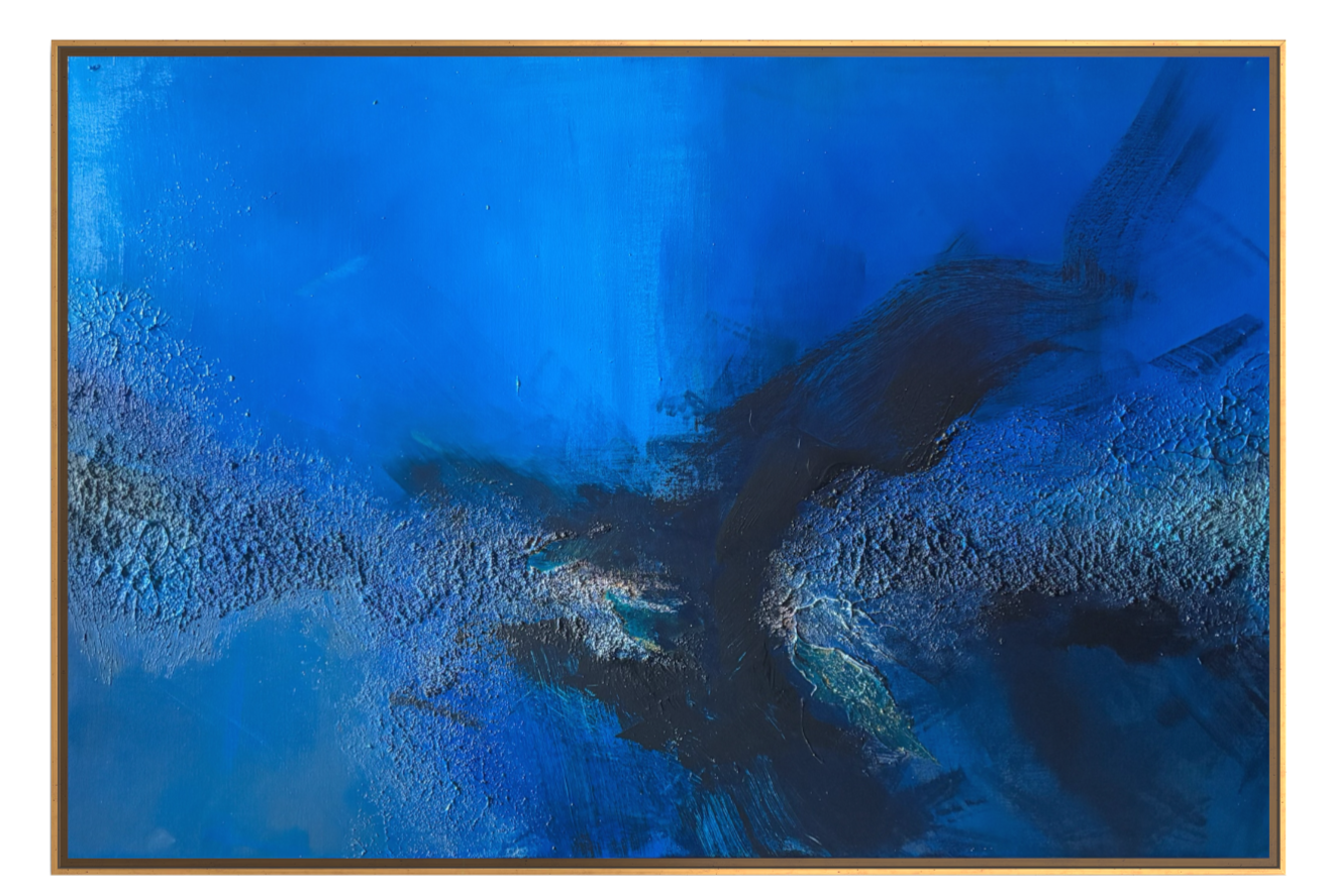 Dalam, abstract painting by Janne de Boer, mixed media on canvas with various shades of blue and textured black and metallic accents.