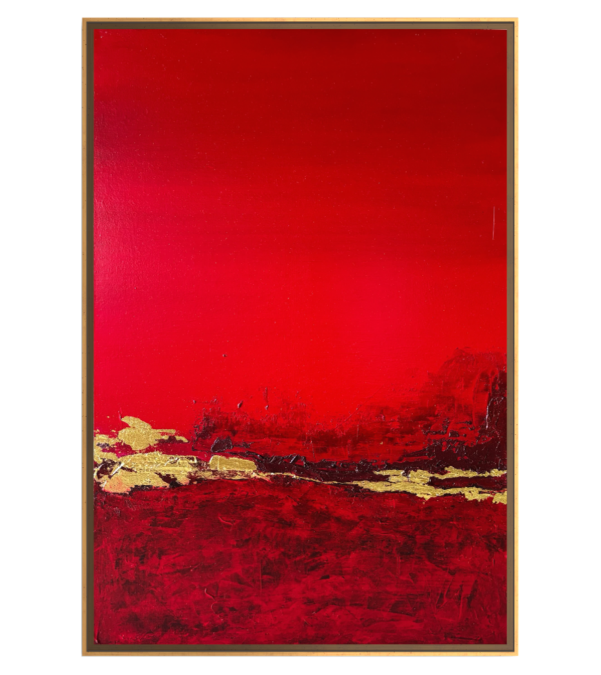 Abstract painting with a dominant red background, gold accents, and dark textured areas at the bottom. Sutra, an original abstract painting by Janne de Boer using mixed media on canvas.