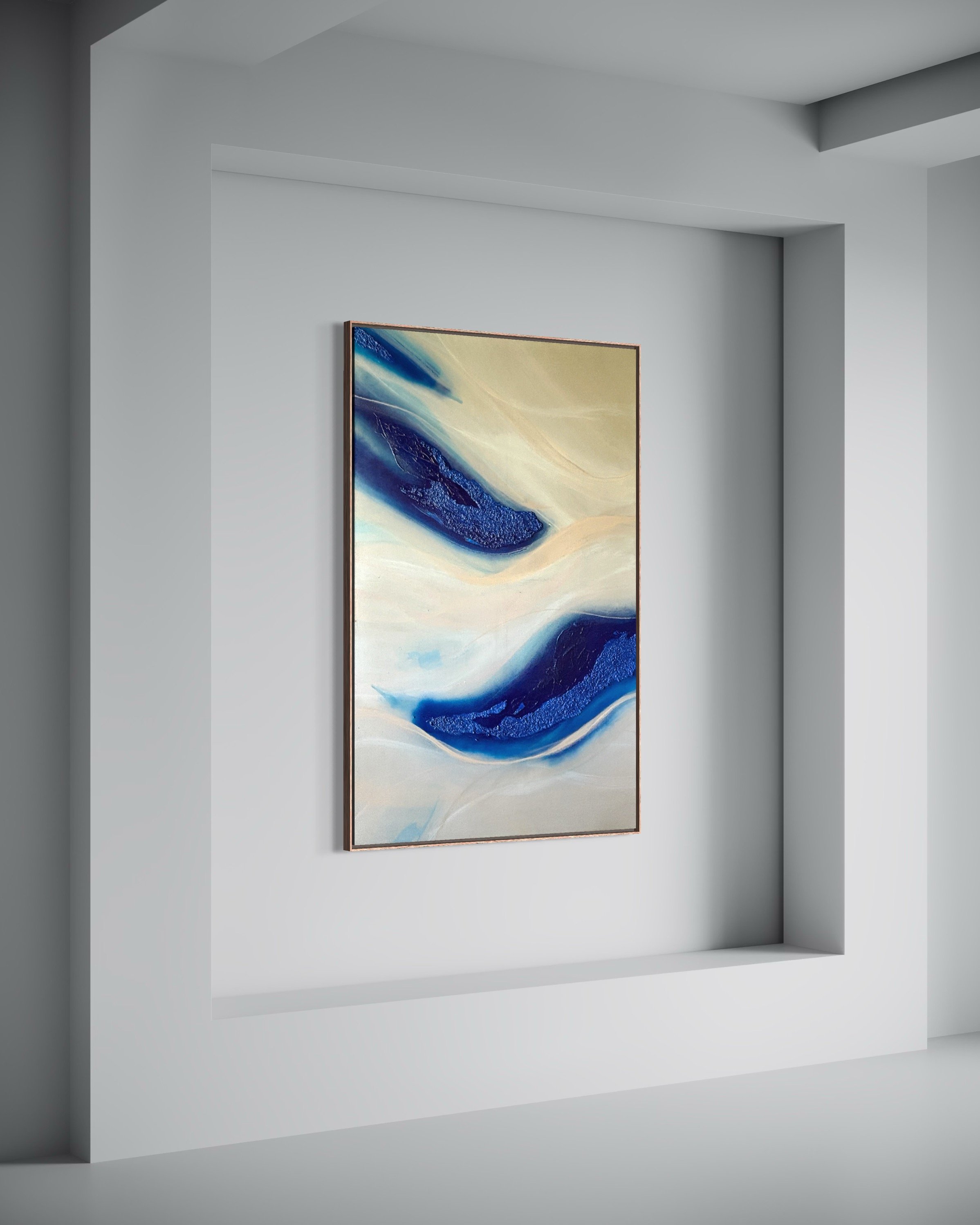 An abstract painting hanging on a gray wall in a gallery. The painting features flowing blue, beige, and cream colors. Original work by Janne de Boer.