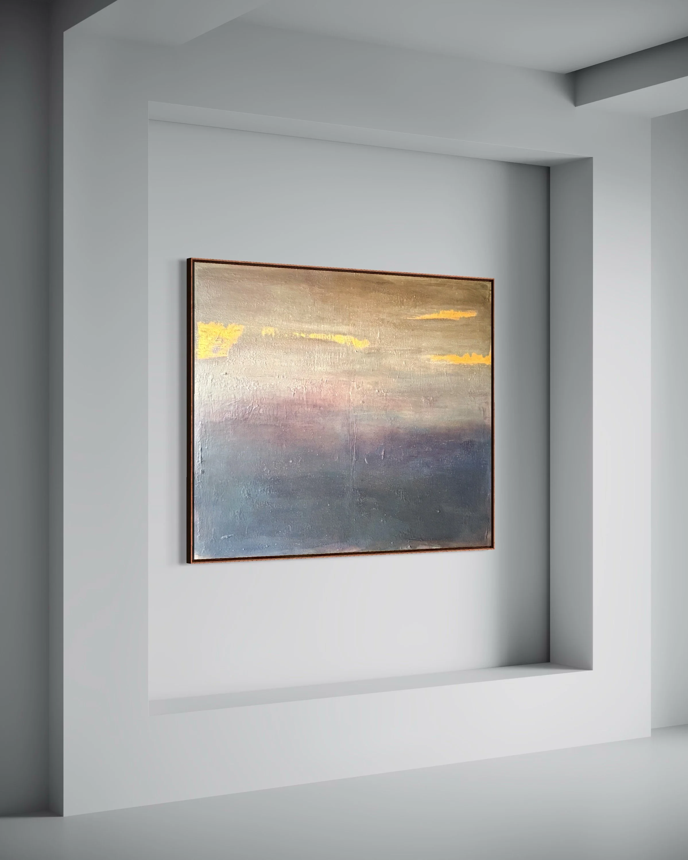 Modern art gallery with a painting on the wall, white walls and ceiling, and a small ledge at the wall's corner. Aurum, an original abstract painting by Janne de Boer