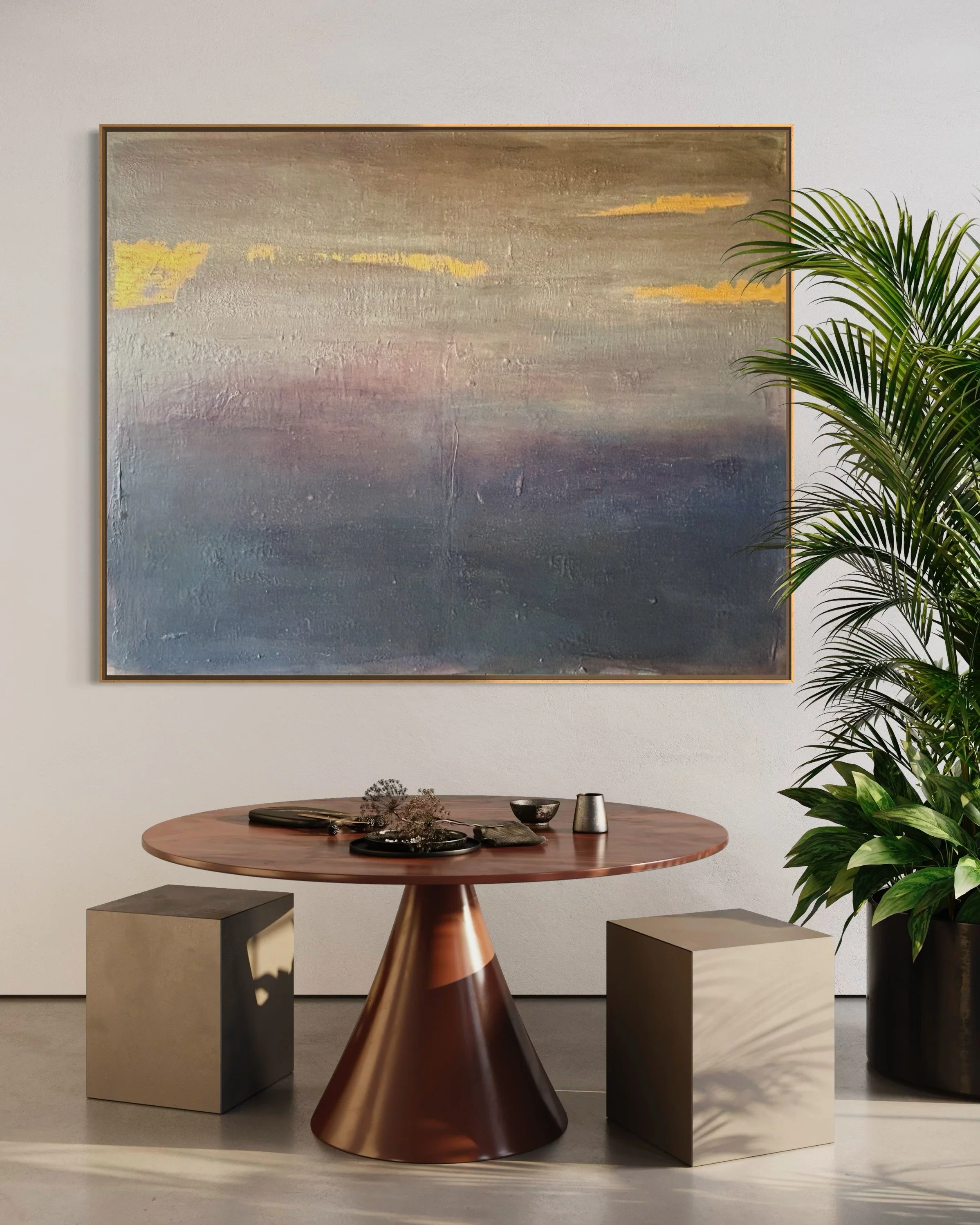 A modern interior with a round wooden table, a large abstract painting on the wall, decorative objects on the table, and a large green plant to the right. Original abstract painting by Janne de Boer
