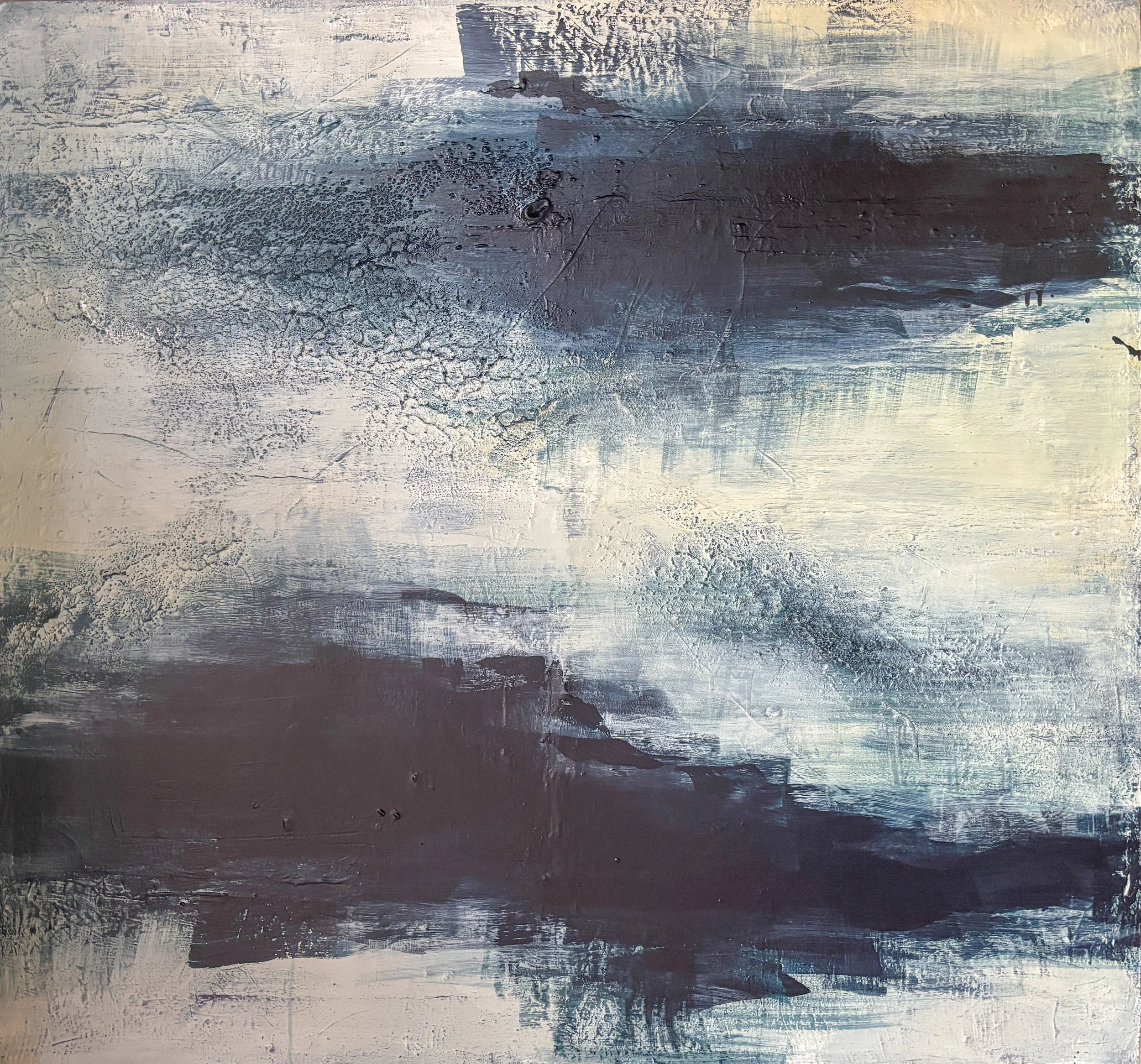 Abstract painting with dark blue, black, and white textured brushstrokes and layered patterns.