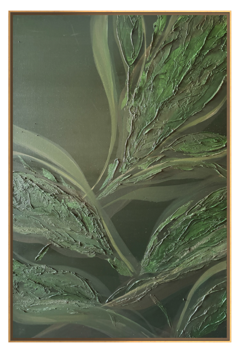 Close-up of frosted green leaves with textured surfaces, framed in wood. Original painting by Janne de Boer.