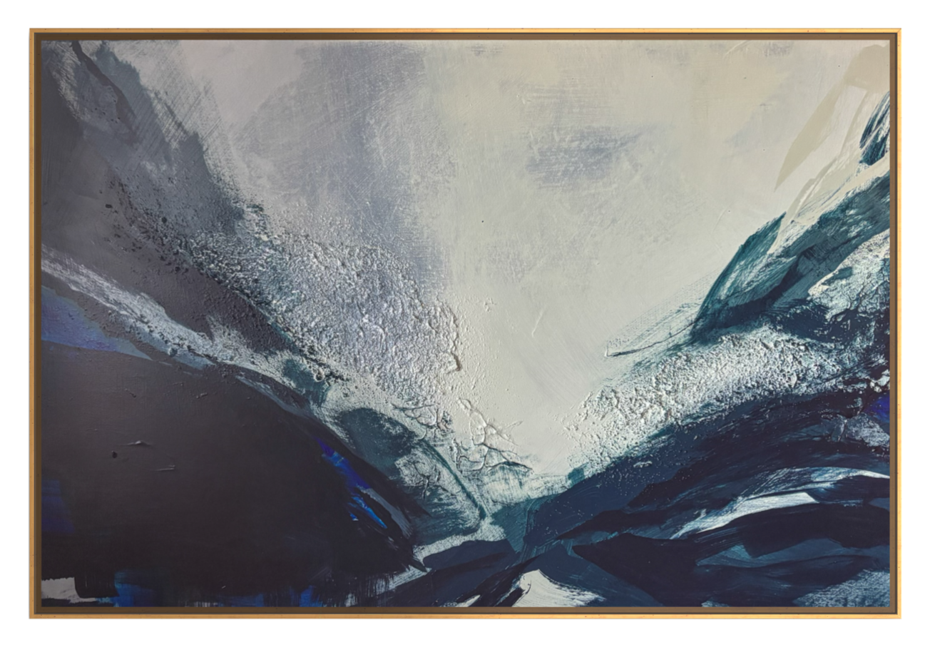 Abstract painting with shades of blue, white, gray, and black. Antara, An abstract painting by Janne de Boer, mixed media on canvas.