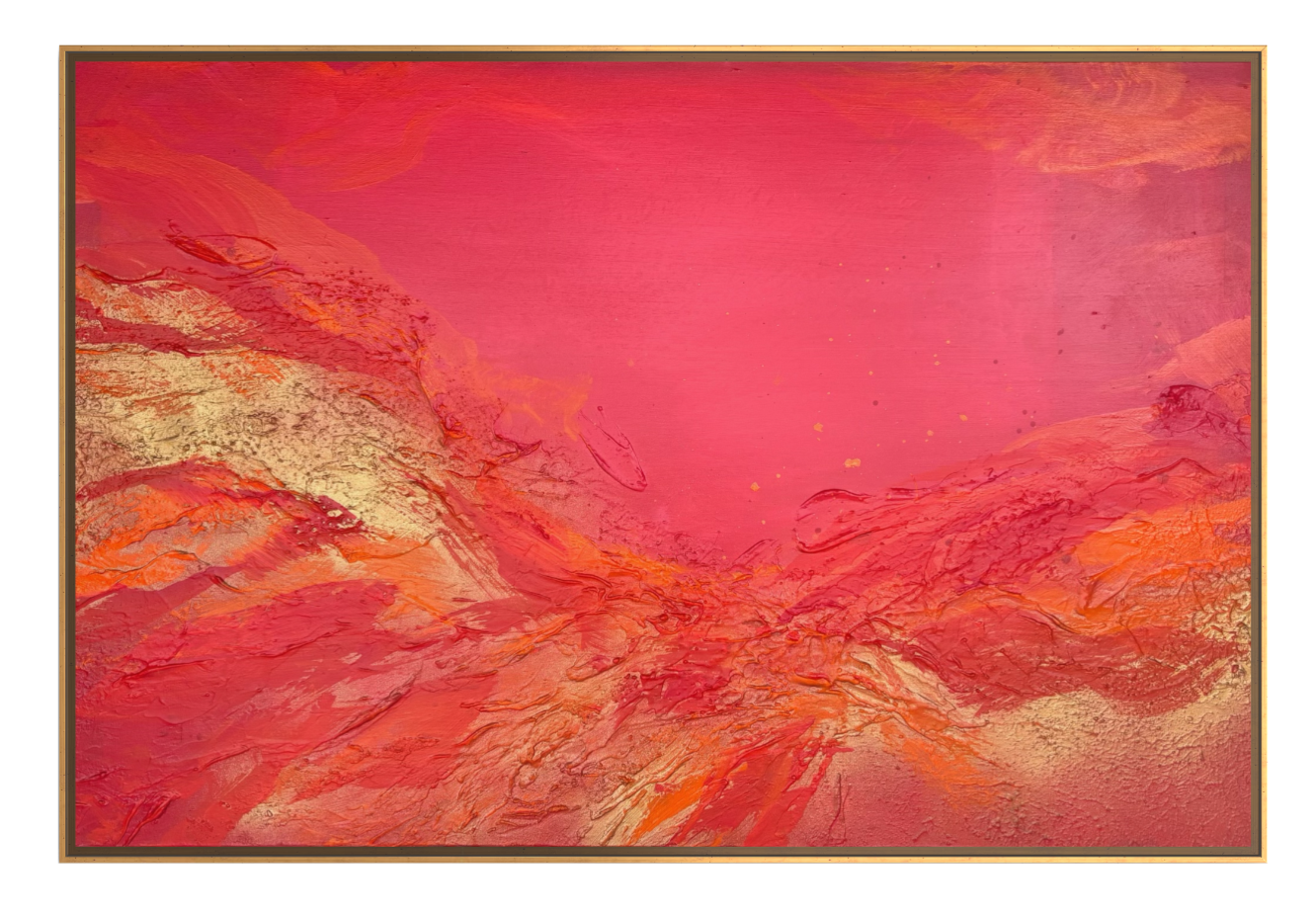 Sutra, an abstract painting by Janne de Boer, mixed media on canvas. Abstract painting with shades of pink, orange, and gold, featuring textured and flowing patterns.