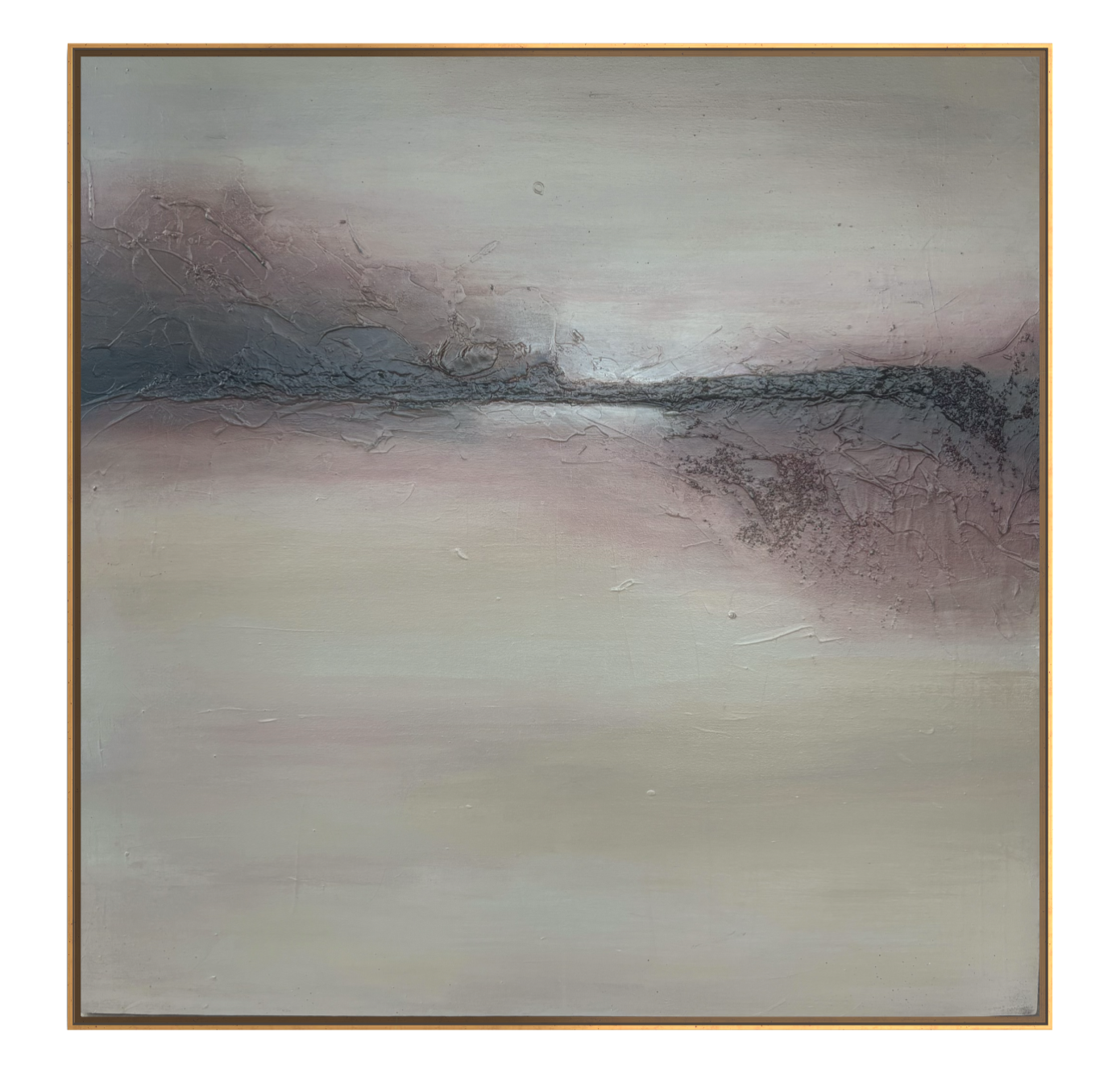 Abstract painting by Janne de Boer with muted shades of blue, gray, and pink, featuring textured, horizontal streaks across the canvas.
