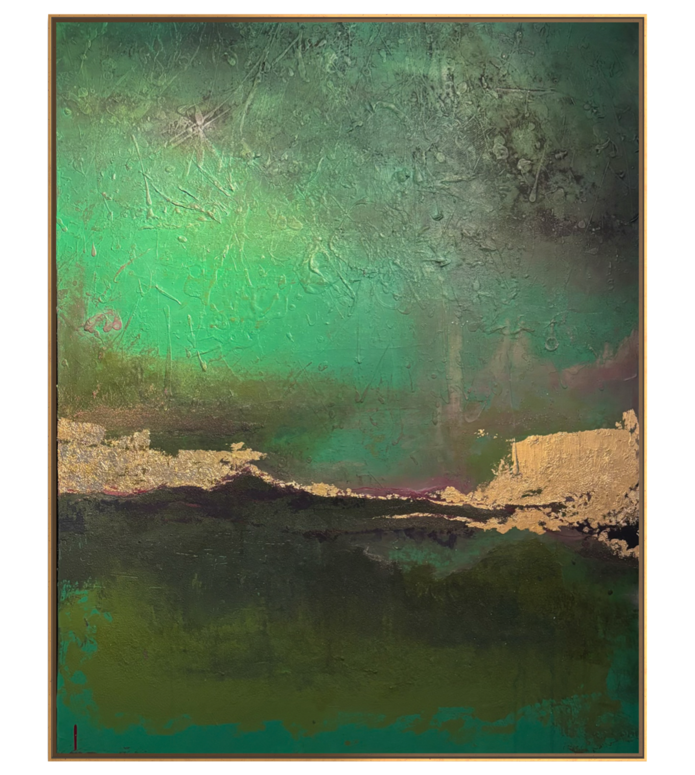 Golden Hour, an original abstract painting by Janne de Boer. An abstract painting with green, gold, and dark tones, featuring textured and layered brushstrokes.