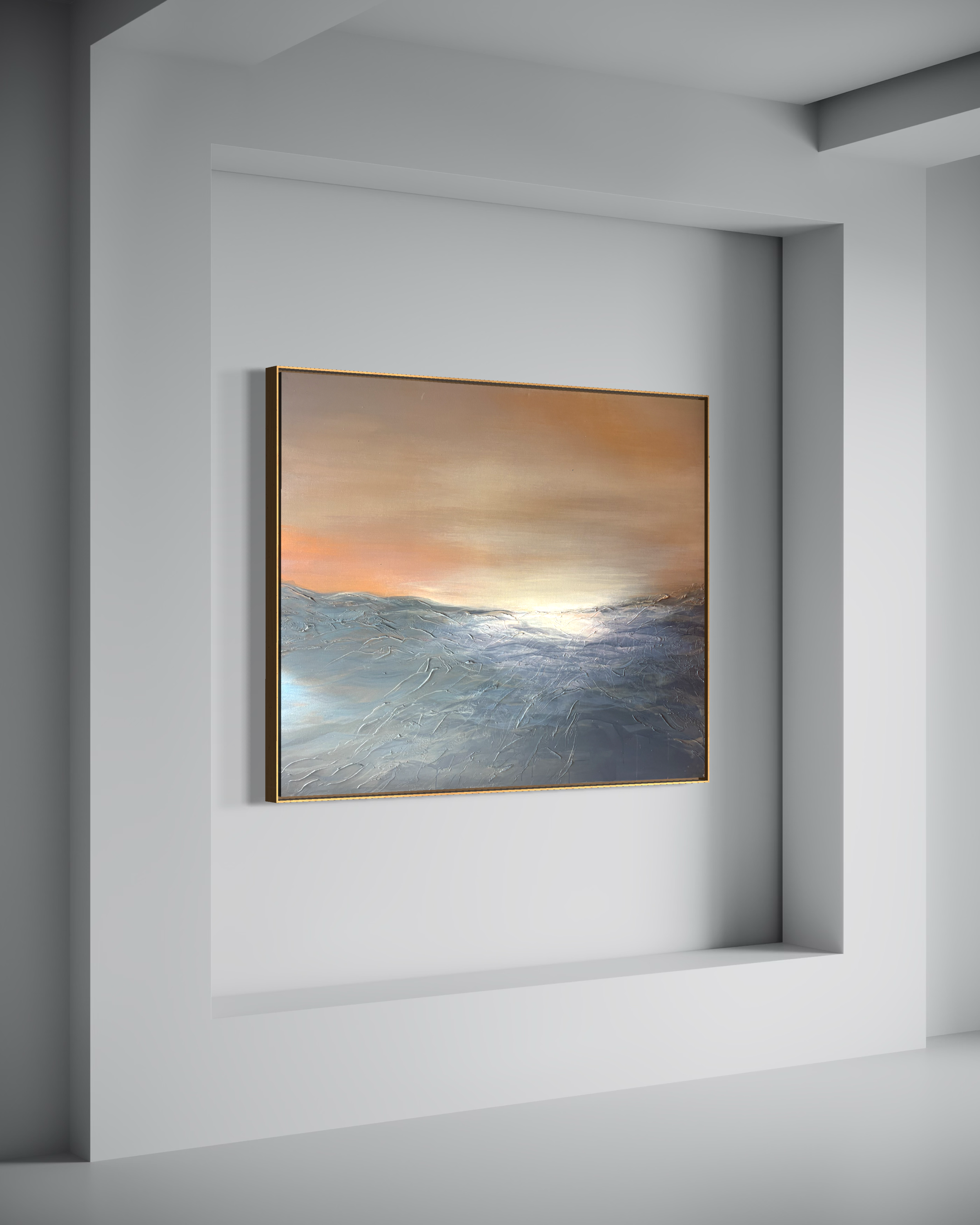 An art gallery wall showing a framed painting of a sunset over the ocean, with waves in the foreground and a sky transitioning from orange to purple. Laut, an original painting by Janne de Boer, mixed media on canvas.