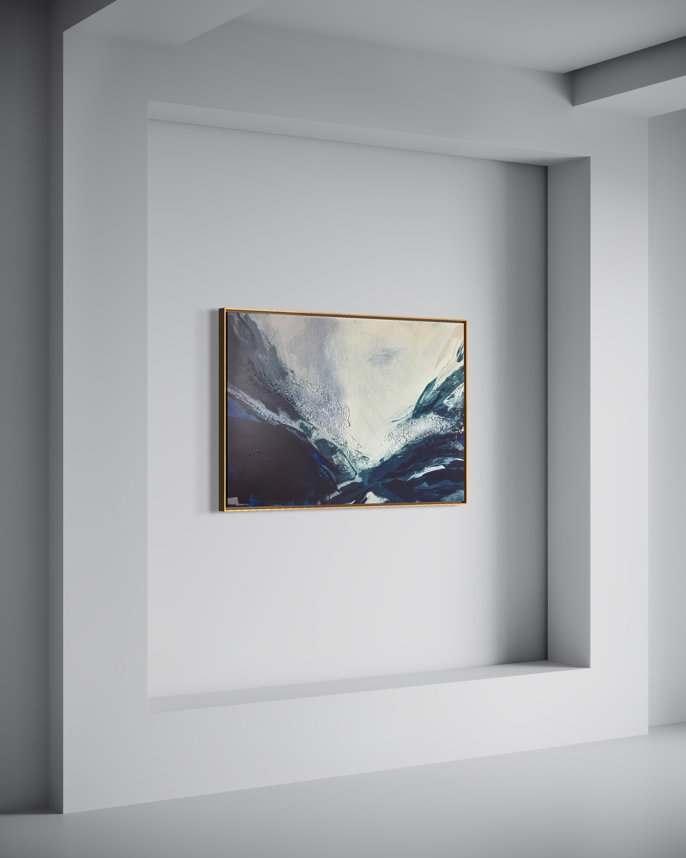Close-up of Antara, an abstract original painting by Janne de Boer with blue and gray swirling colors, framed and hung on a white gallery wall.
