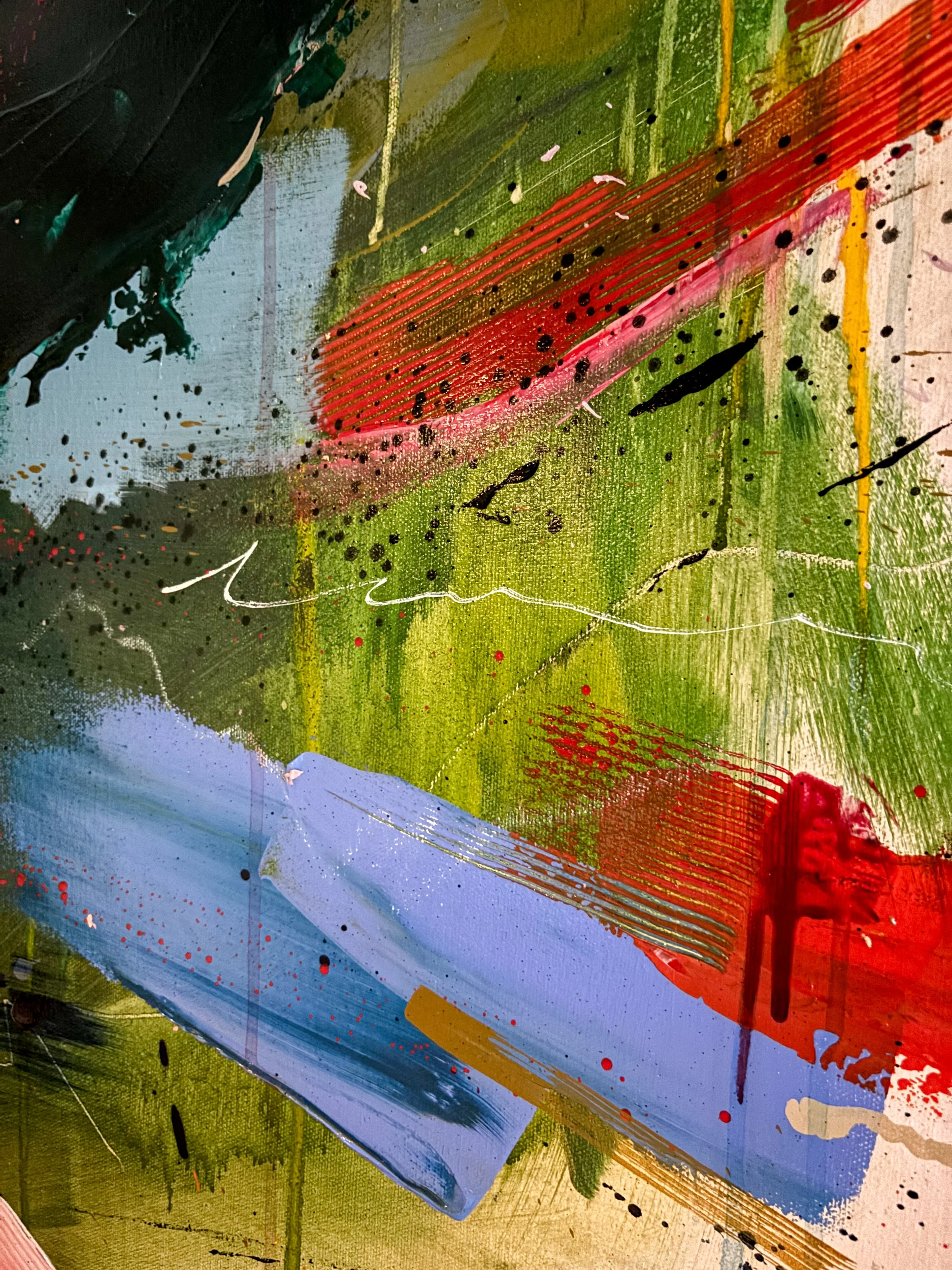 Abstract painting with bold brushstrokes and splatters in green, blue, red, black, pink, and yellow colors.