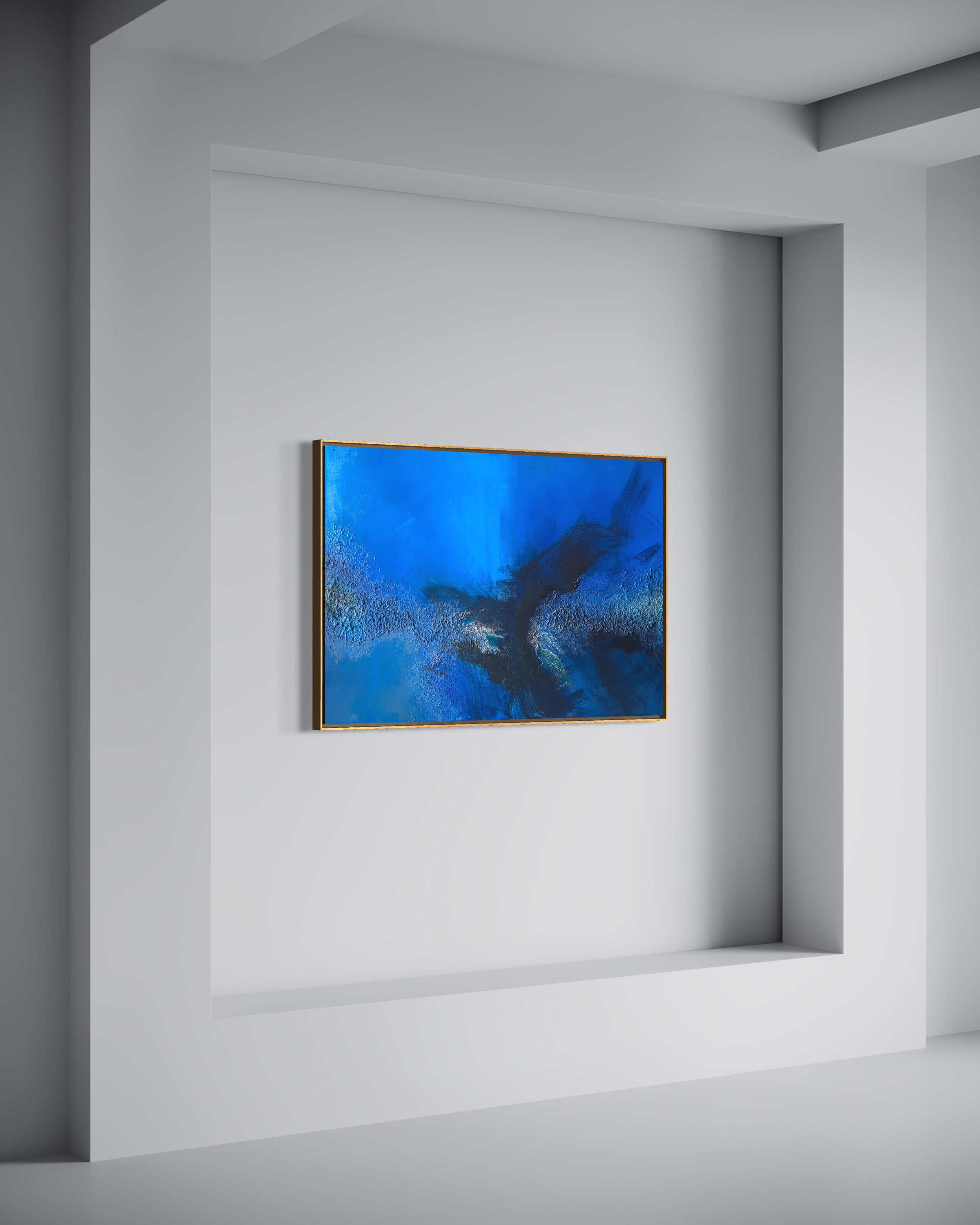 An abstract painting by Janne de Boer, mixed media on canvas. A large, abstract painting with blue and black colors in a minimalist frame, hanging on a white gallery wall.