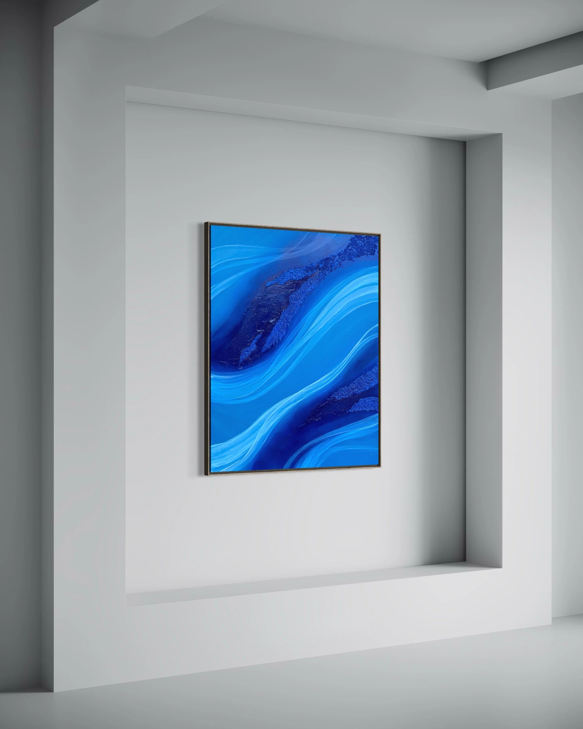 Nila Tirta, an original abstract painting by Janne de Boer. Deep blue hues, and rough textures.