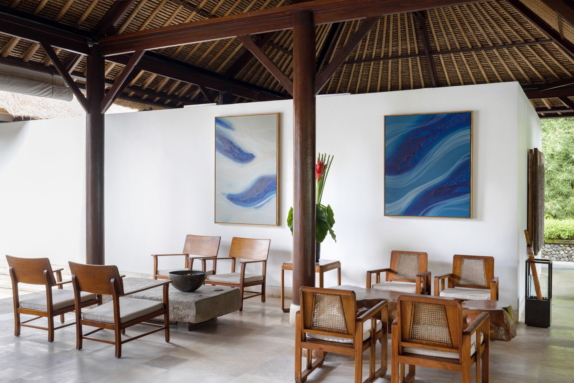 Abstract paintings by Janne de Boer installed in the lobby of COMO Uma Ubud, Bali