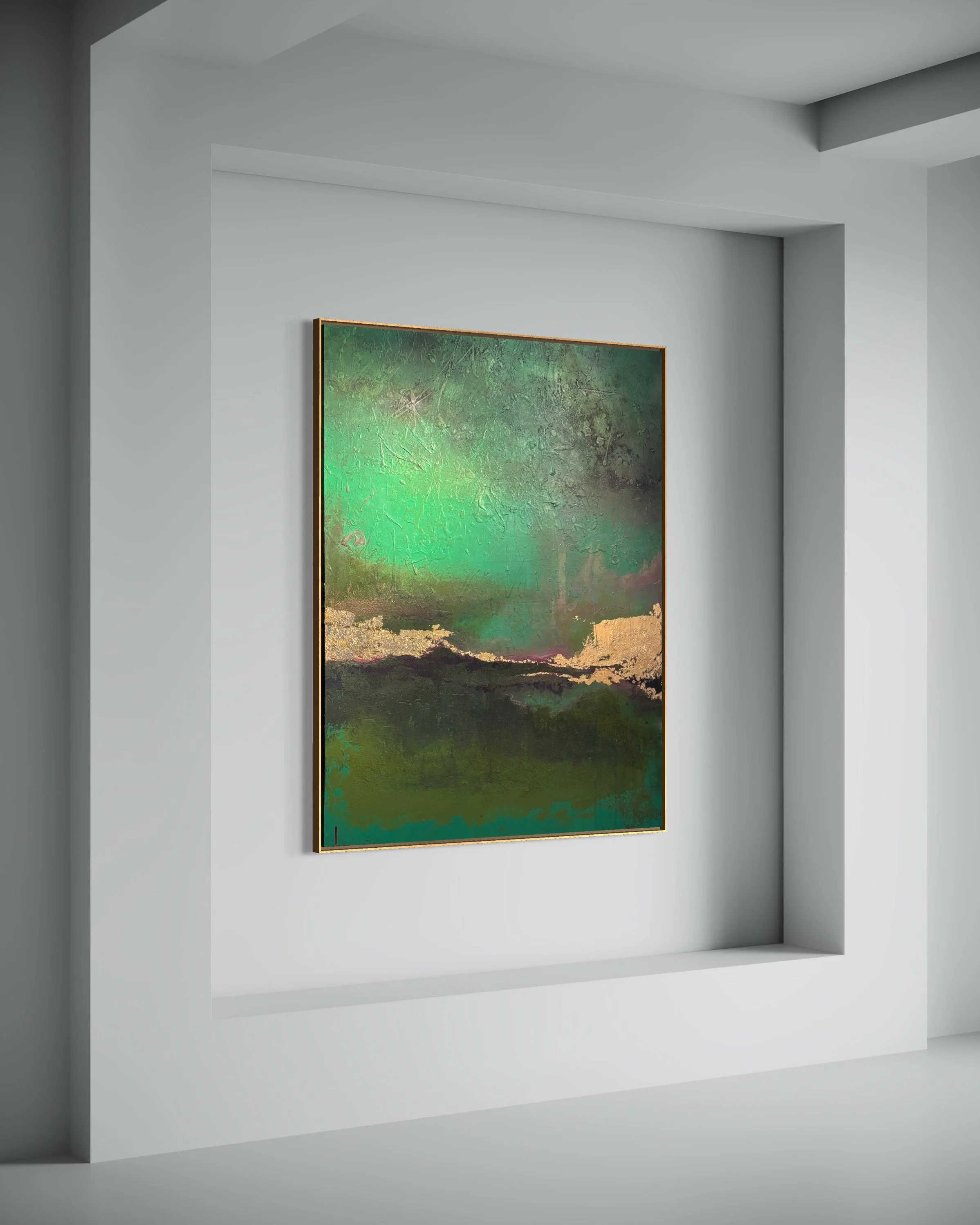 Modern art painting with green and dark tones, displayed on a white wall in an art gallery. Original artwork by Janne de Boer.