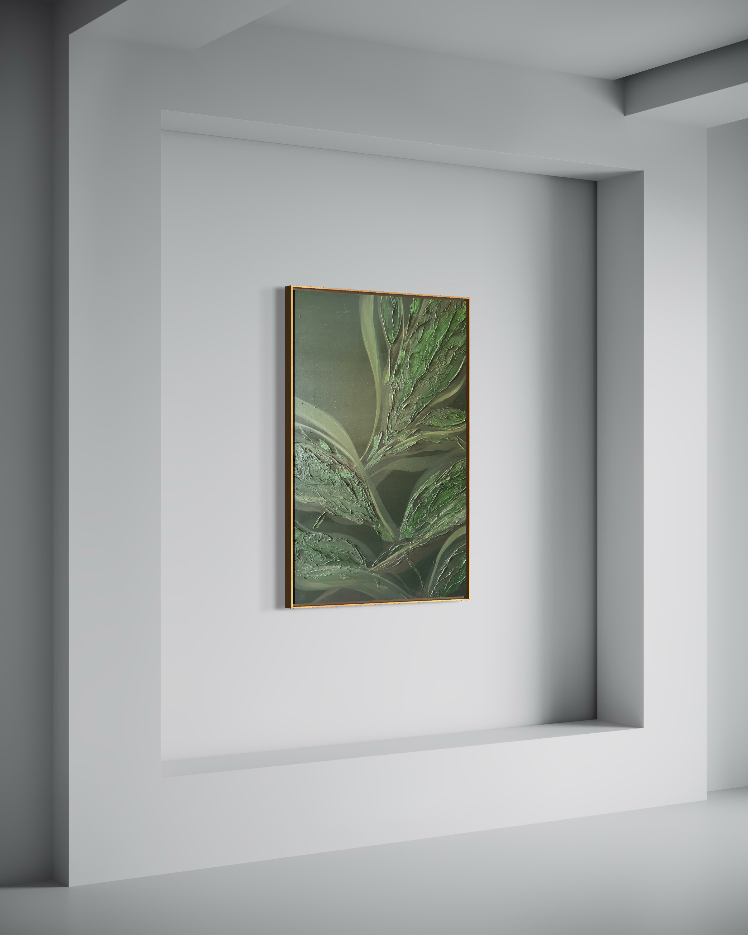 A framed abstract painting of green leaves on a gray wall, in a minimalist gallery setting. Original painting by Janne de Boer.