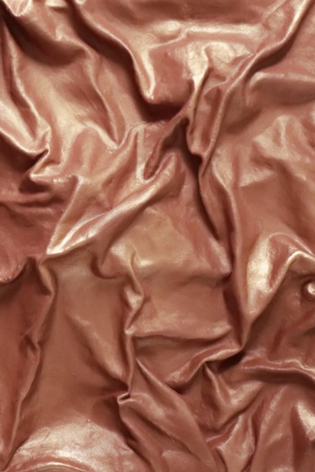 Close-up of a sculpted artwork, shiny, goldish-brown with a smooth texture.