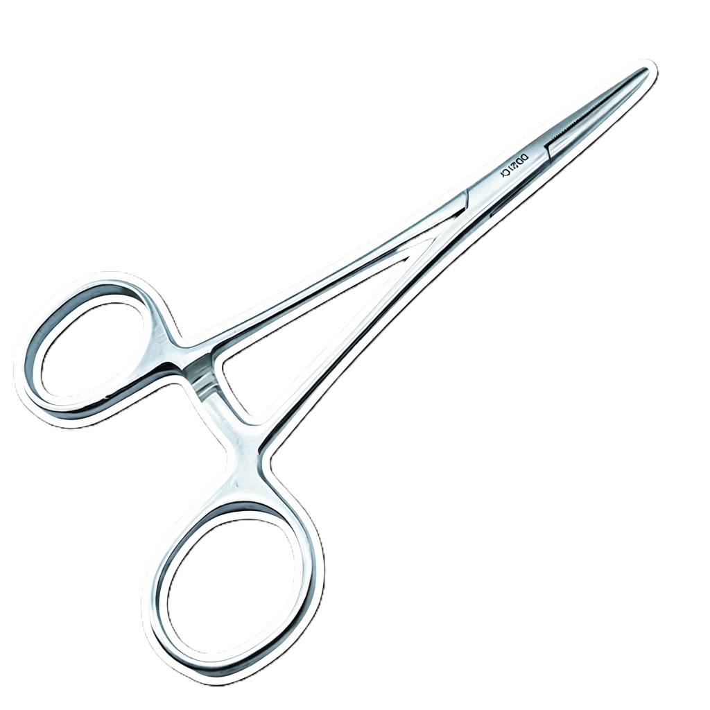 A pair of small, metallic surgical scissors with a shiny silver finish and ergonomic loop handles, set against a black background.