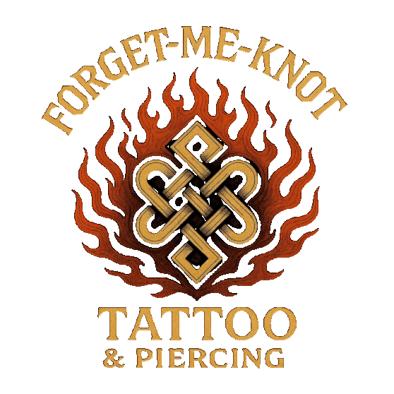 Logo for Forget-Me-Knot Tattoo & Piercing featuring a stylized knot with flames and text above and below.