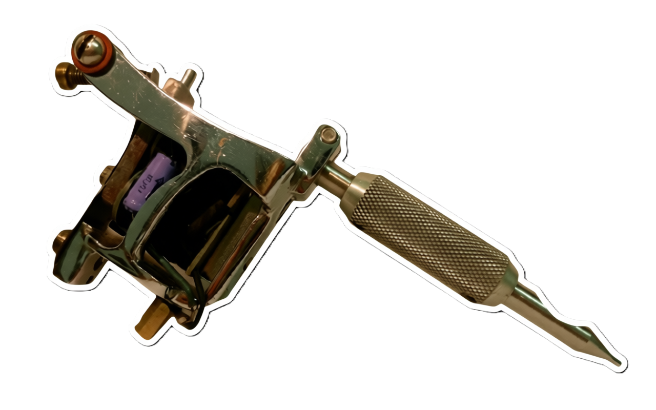 A tattoo machine with a grip removes approximately one-inch of the needle, which extends from the tattoo gun.