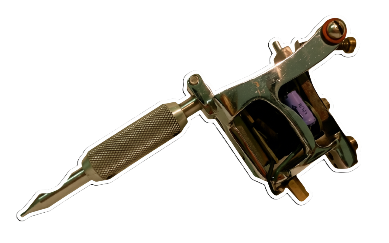 Close-up of a tattoo machine with a metallic grip and needle, isolated on a black background.
