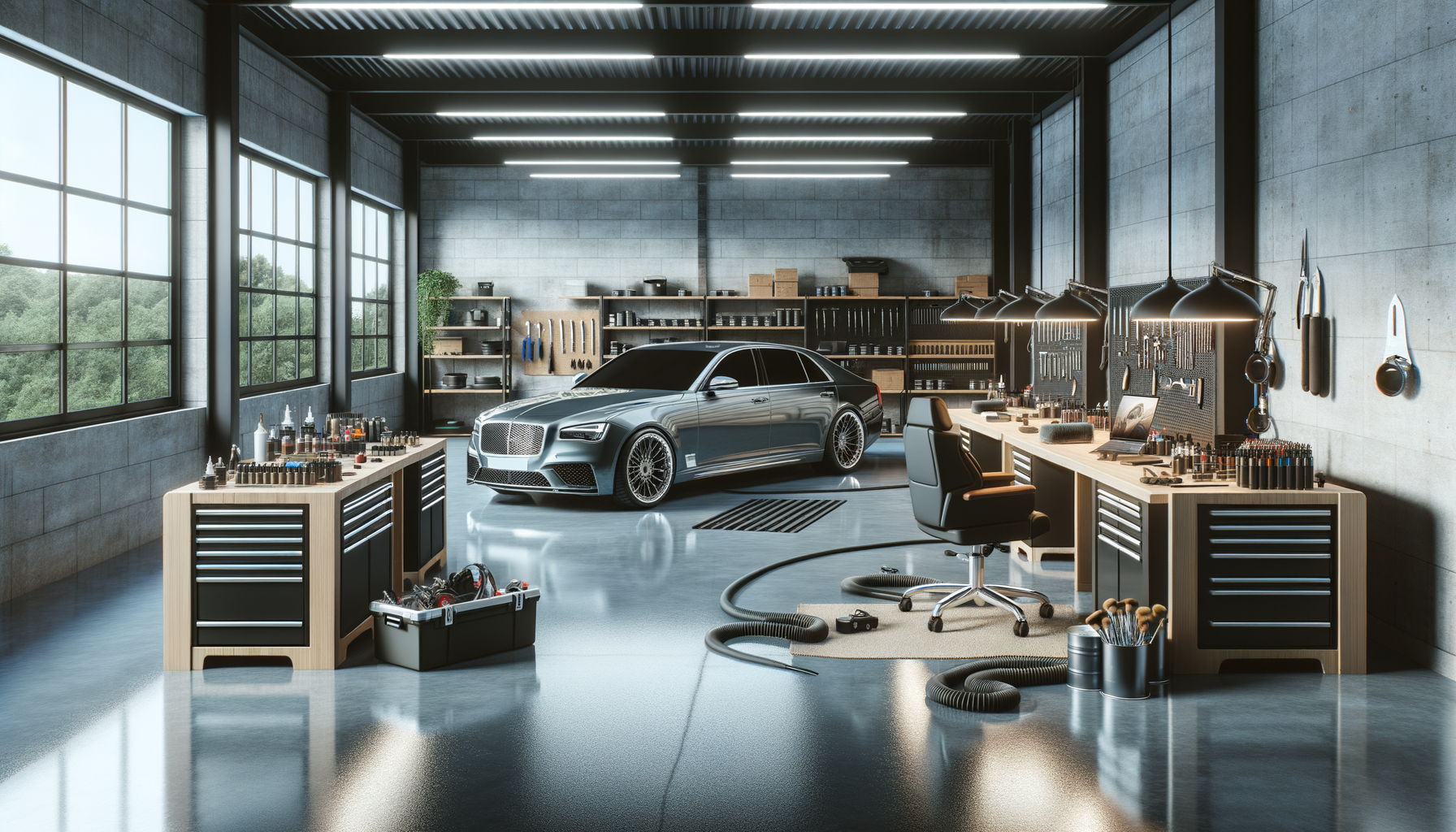 This is a spacious, modern car workshop with a sleek gray luxury car parked inside. The workshop has large windows, gray concrete walls, and organized workstations with tools, equipment, and supplies. There are workbenches with various automotive tools, containers, and a vacuum hose on the floor.