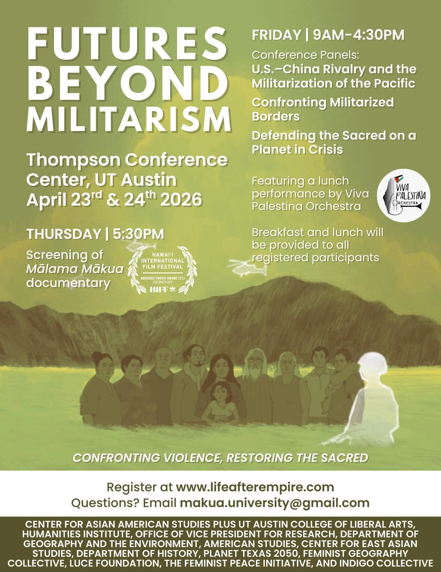 The UT Austin Center for Asian American Studies will be hosting the conference &ldquo;Futures Beyond Militarism: Confronting Violence, Restoring the Sacred&rdquo; on April 23 and 24, 2026 at the UT Austin Thompson Conference Center, located at 2405 R