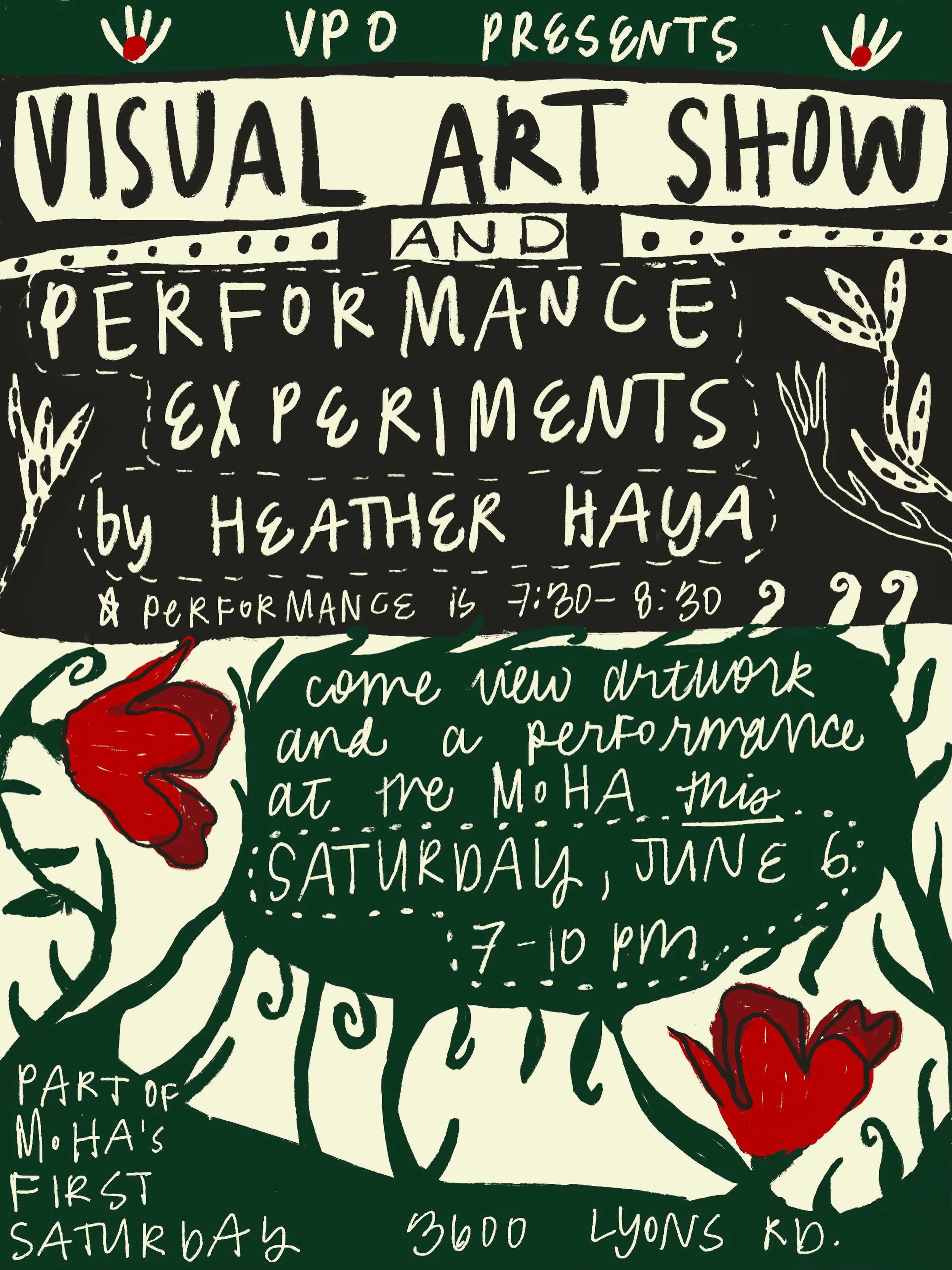 VISUAL ART SHOW this SATURDAY, JUNE 6 at the Museum of Human Achievement from 7 - 10 PM, with performance experiments by Heather Haya from 7:30 to 8:30 PM.  Artists participating in this gallery show reflected on the question: how can we shift our re