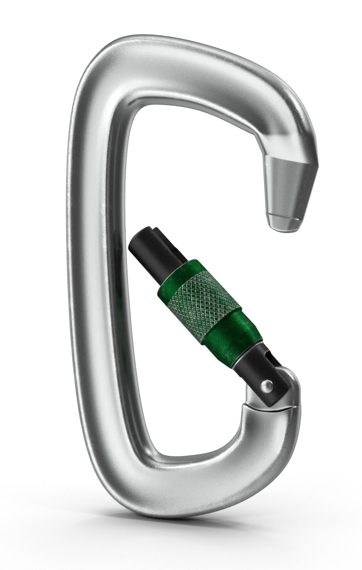 A metallic carabiner with a green locking sleeve.