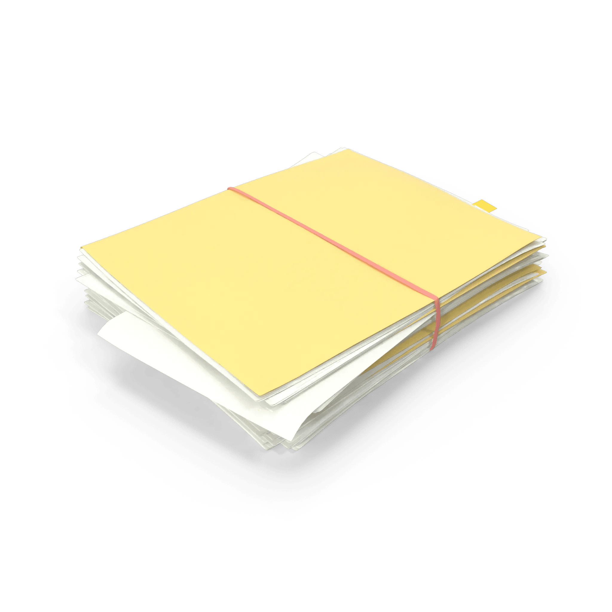 A stack of paper documents with yellow tabs, secured with a pink rubber band.