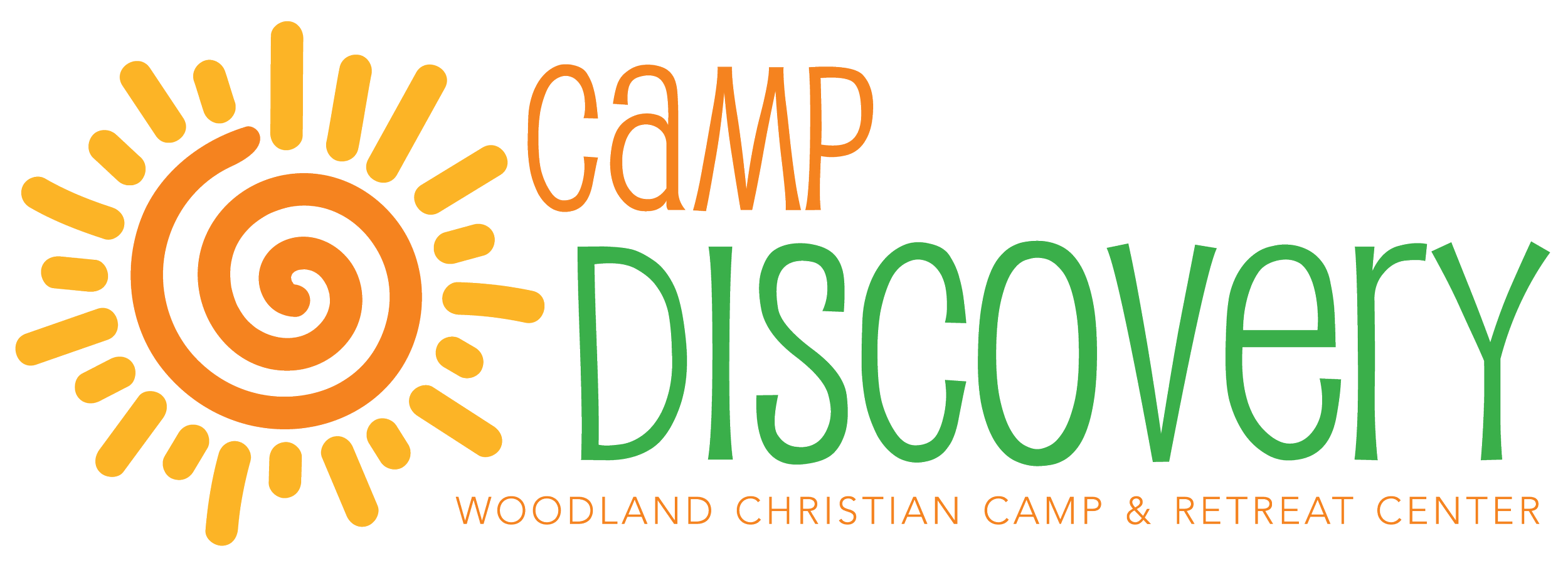 Logo of Woodland Christian Camp & Retreat Center with stylized sun and spiral graphic and text 'Camp Discovery' in orange and green.