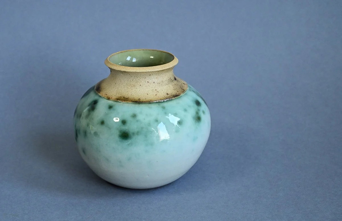 Stoneware Bud Vase. Celadon Glaze with Copper Oxide. 6.5cm (H)  RWK159