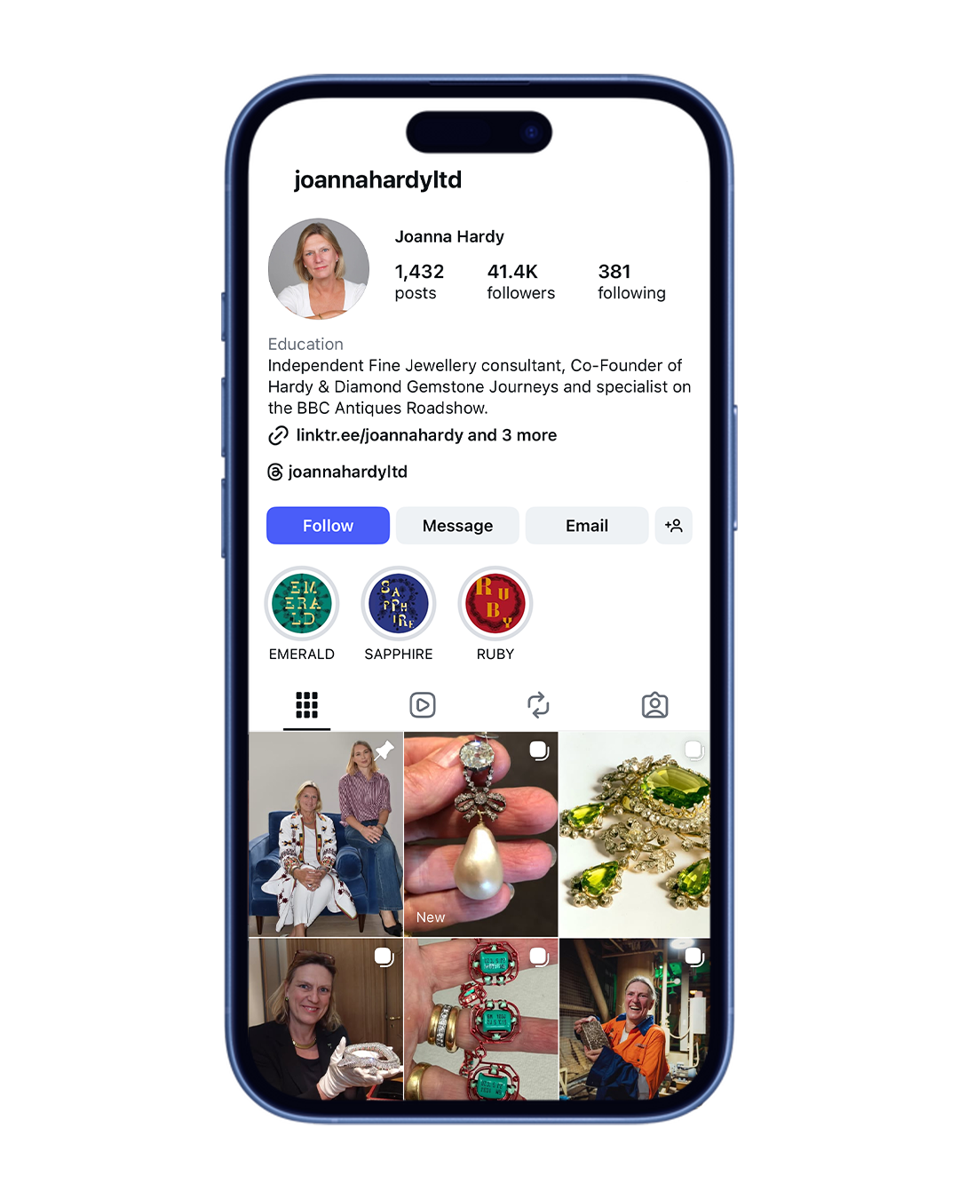 Instagram profile page for Joannahardyltd with profile picture, bio, link, and highlights for Emerald, Sapphire, and Ruby jewelry. Below, a grid includes photos of jewelry, a woman sitting with another person, and a woman at a jewelry store.