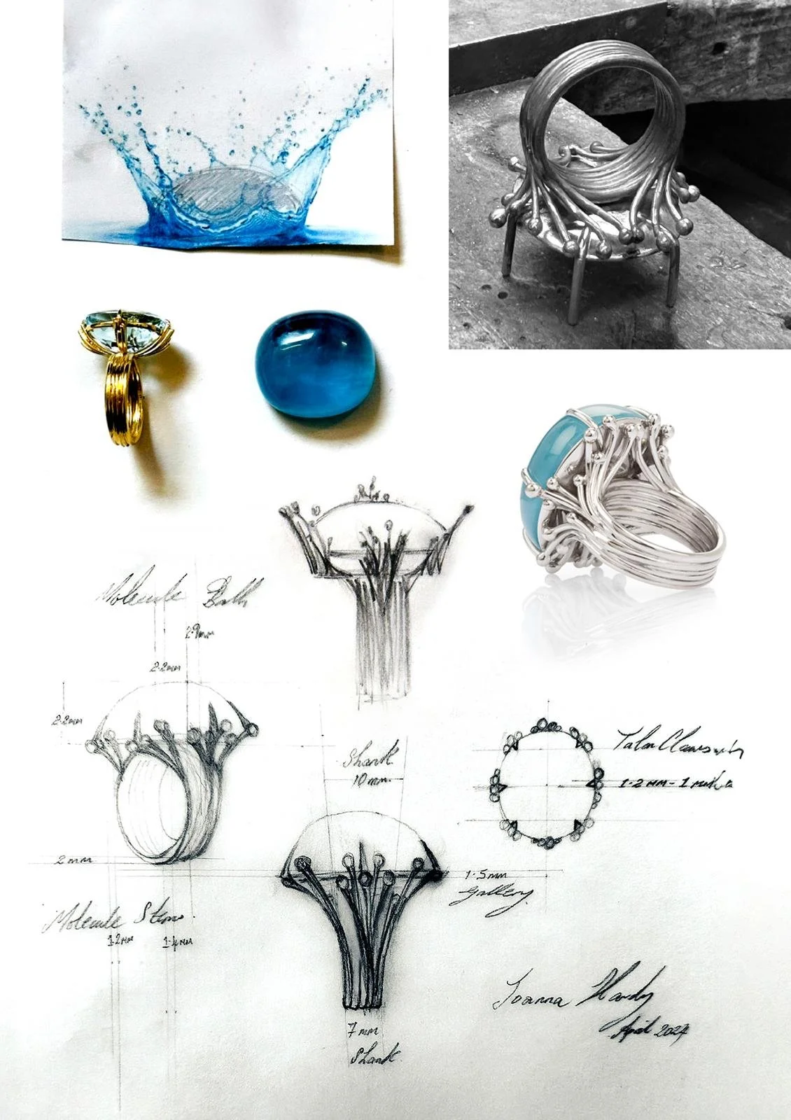 Artwork and sketches of jewelry design, including rings and rings with blue gemstones, alongside sketches with measurements and a small sculpture of a ring with a circular band and decorative elements.