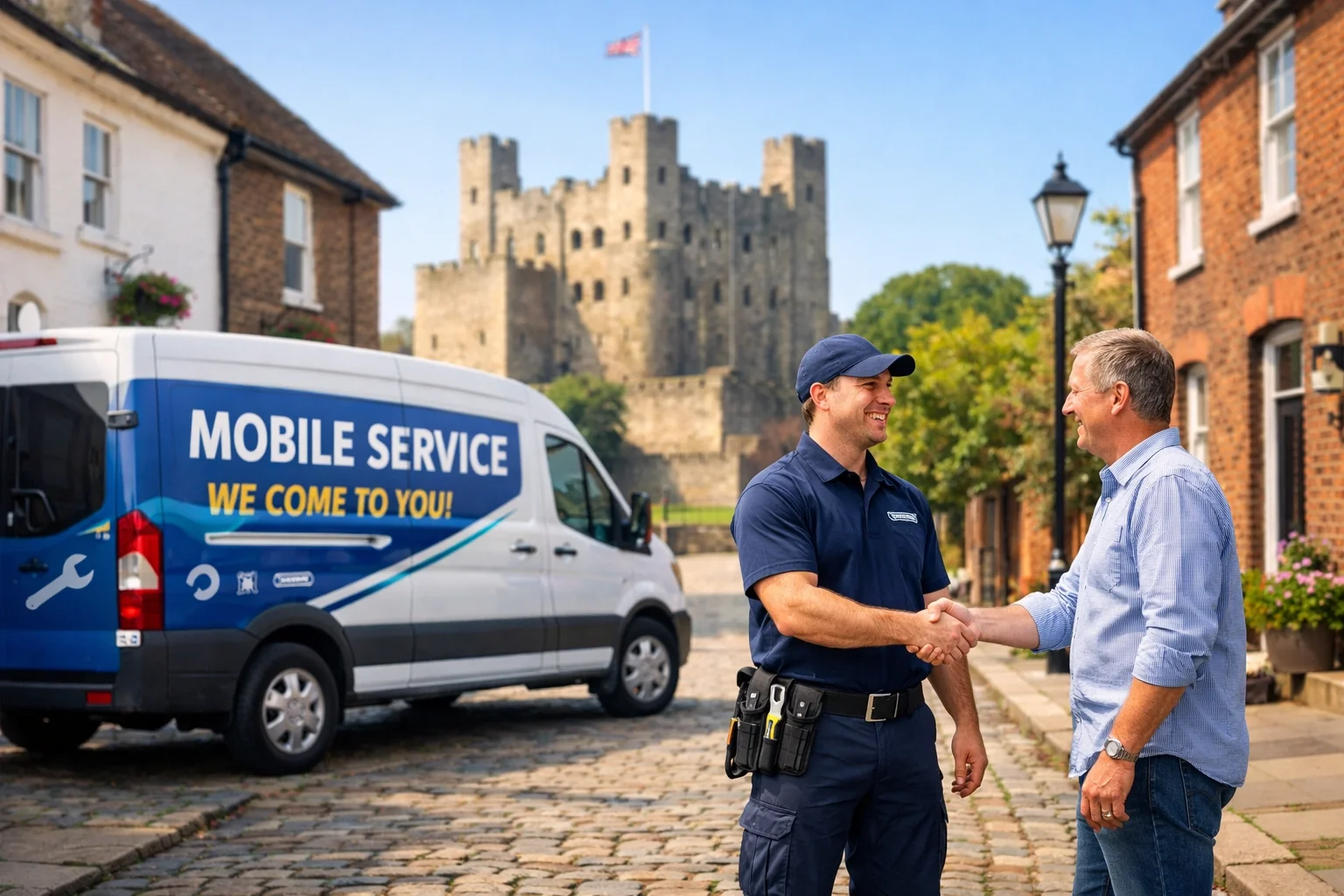 Kent Eco Tuning mobile service van parked near Rochester Castle.