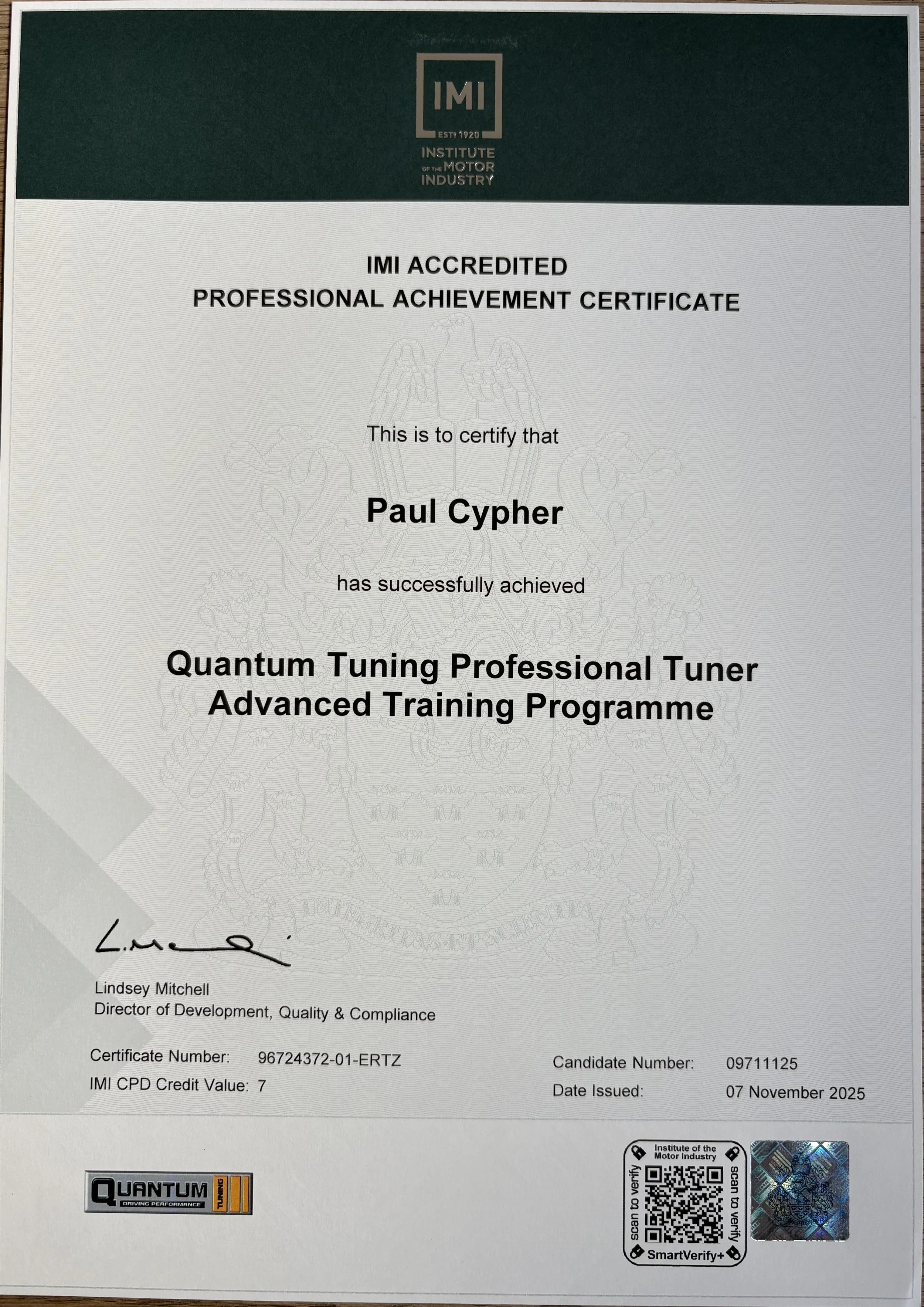 IMI accredited advanced training certificate for complex ECU software calibration.