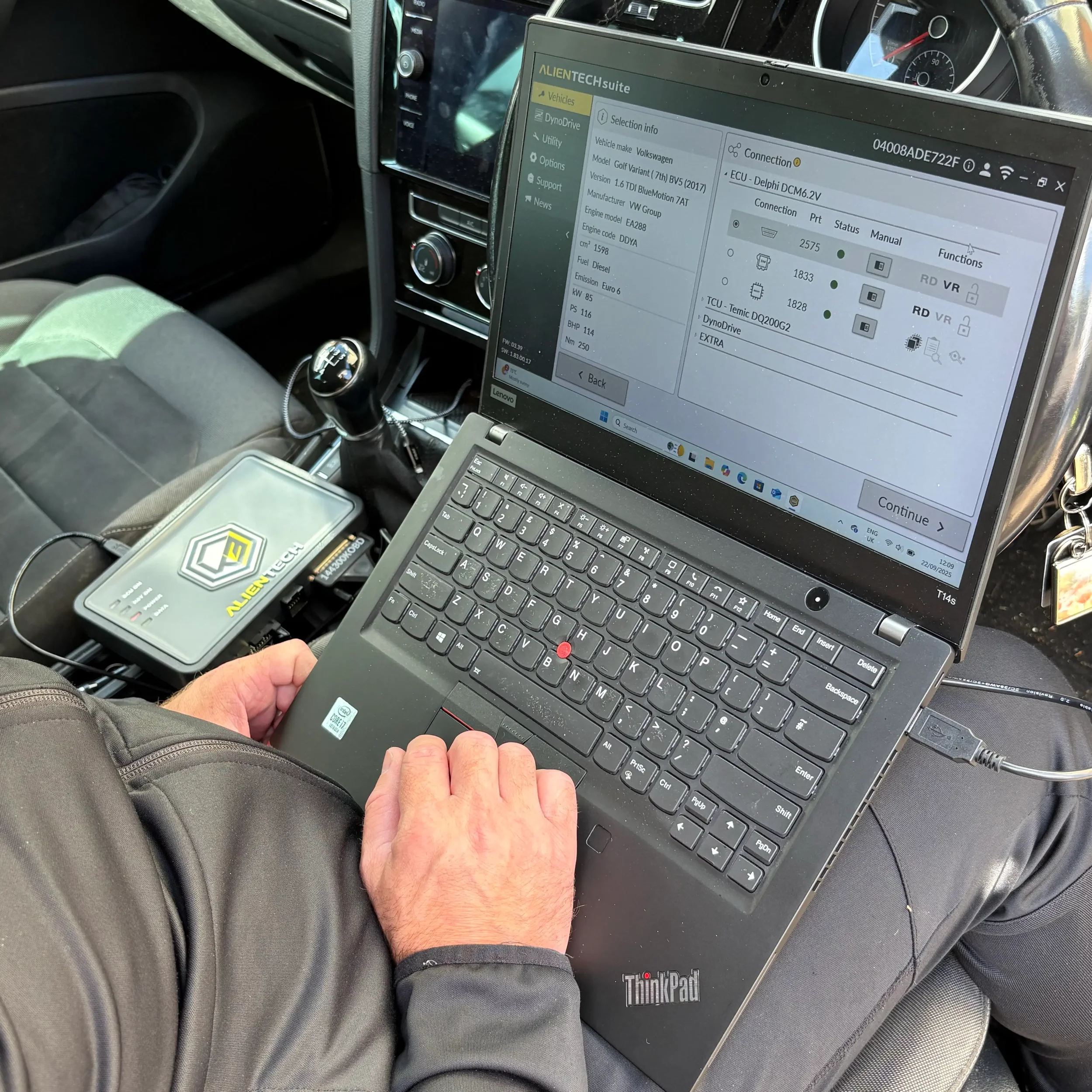 Mobile ECU remapping setup inside a VW Golf using Alientech tuning interface and laptop, providing dealer-level software solutions across Sittingbourne.