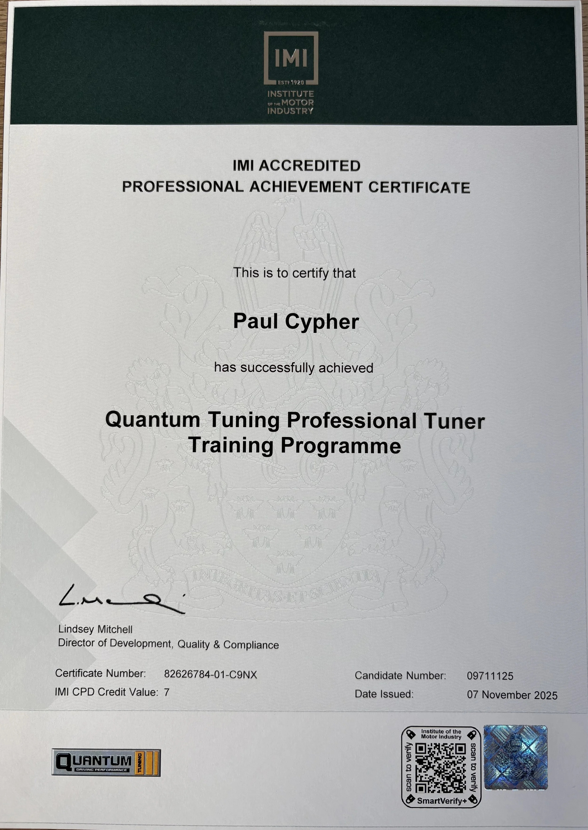 IMI accredited Quantum Tuning professional tuner training certificate.