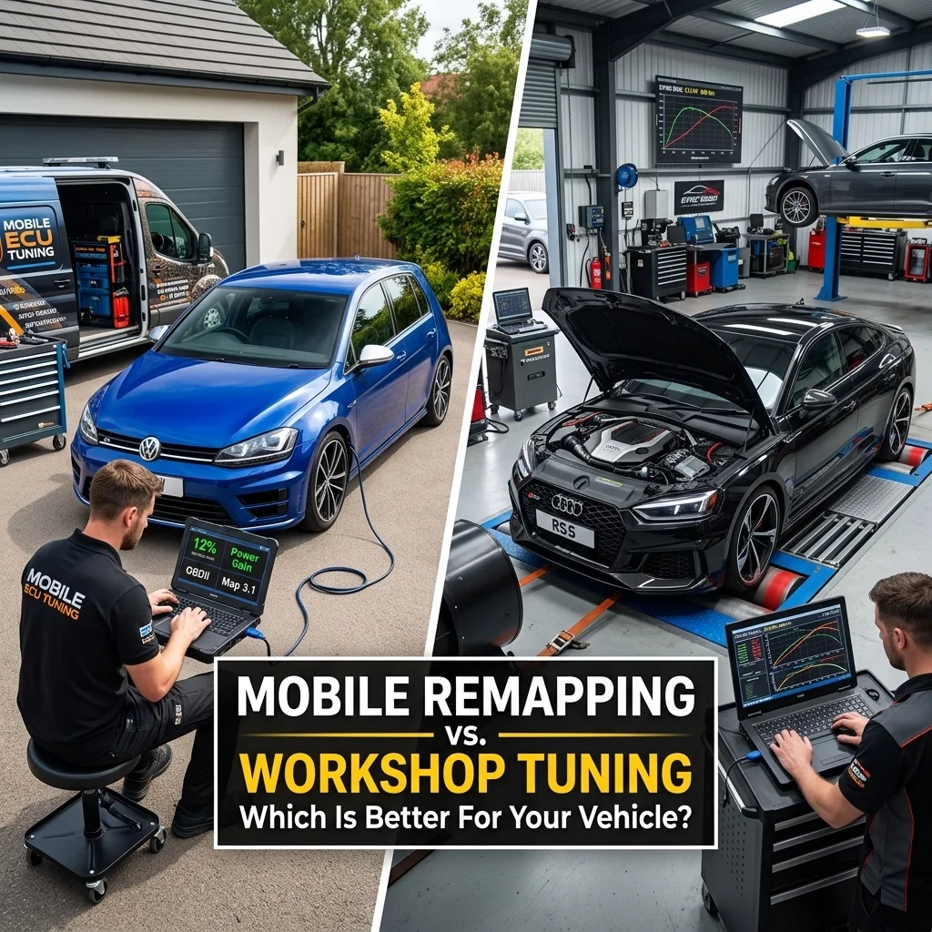 Professional comparison of mobile remapping service vs workshop tuning for high-performance cars and vans in Kent.