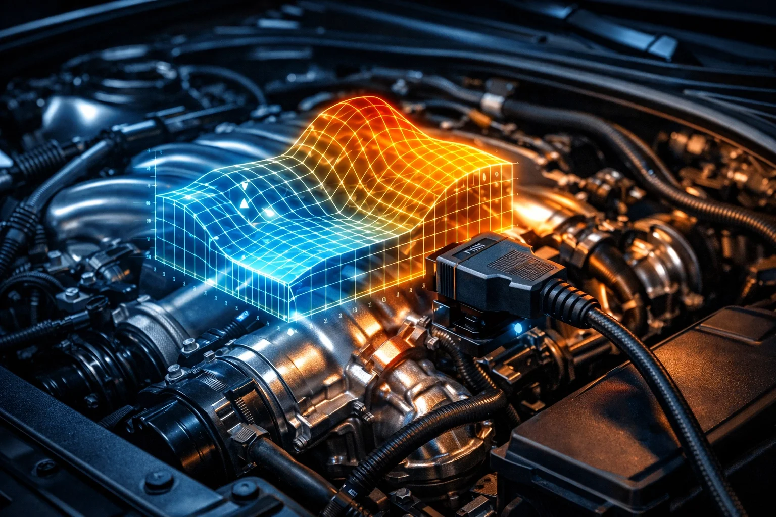 Precision car tuning in Maidstone showing a laptop connected to a modern engine bay.
