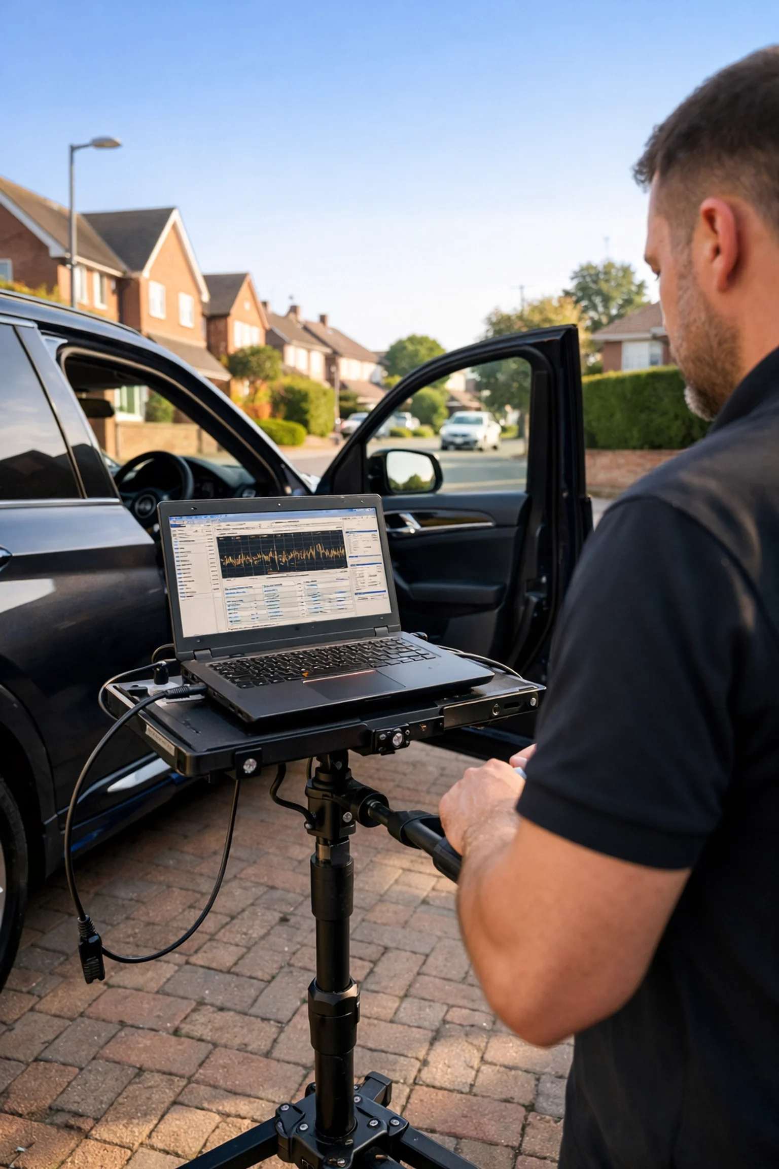 Kent Eco Tuning mobile technician performing an ECU remap on a car in a Gravesend residential driveway.