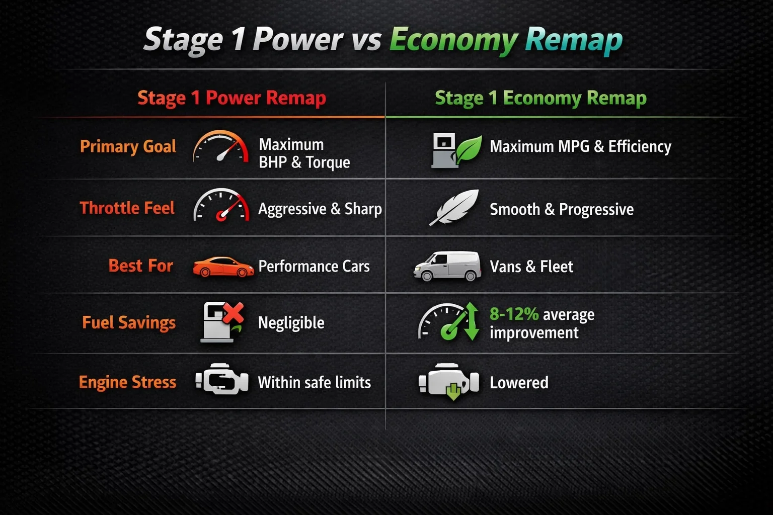 Infographic table comparing Stage 1 Power vs Economy remaps including BHP gains, fuel savings, and best use cases.