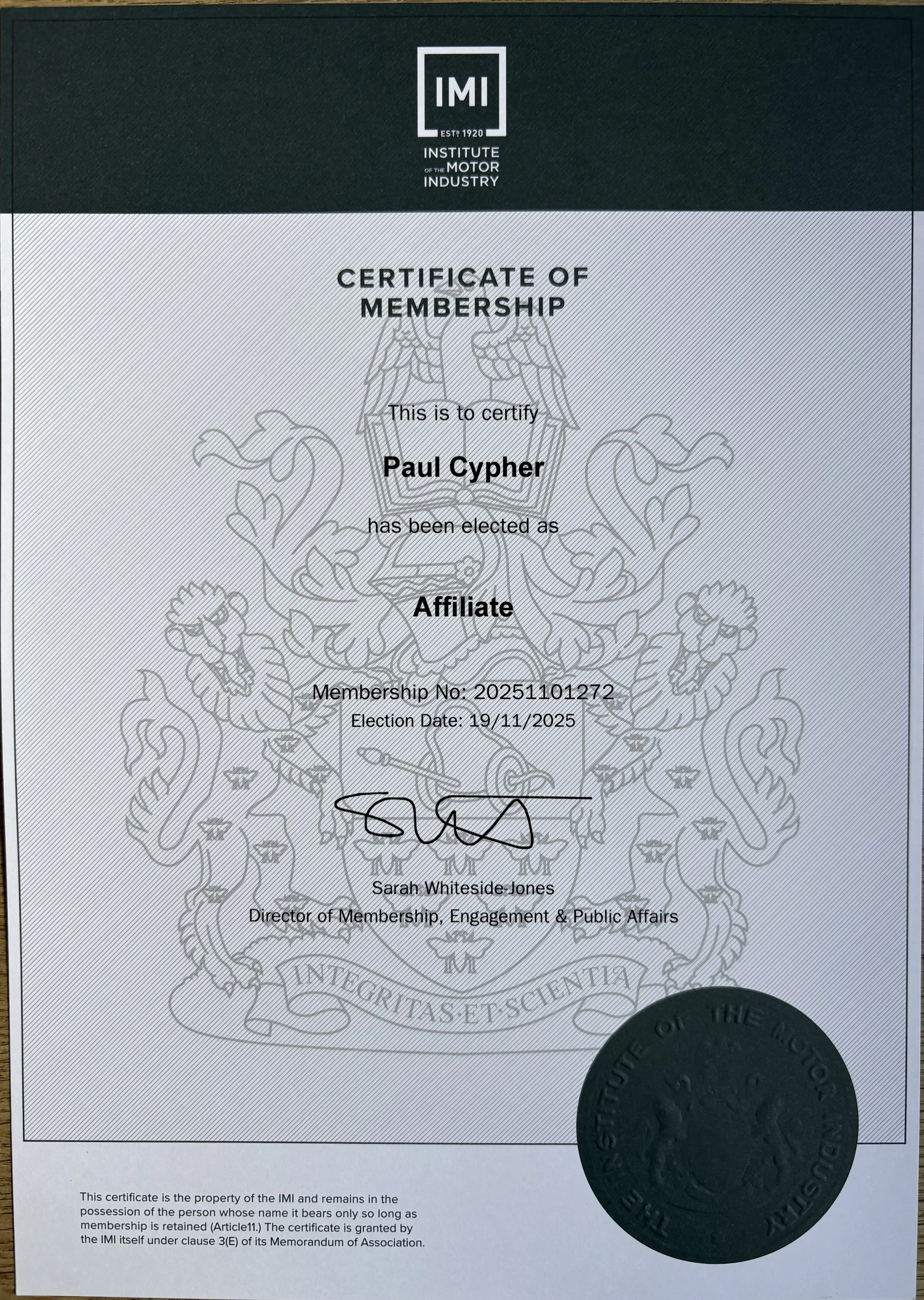 Paul Cypher’s Institute of the Motor Industry (IMI) membership certificate.