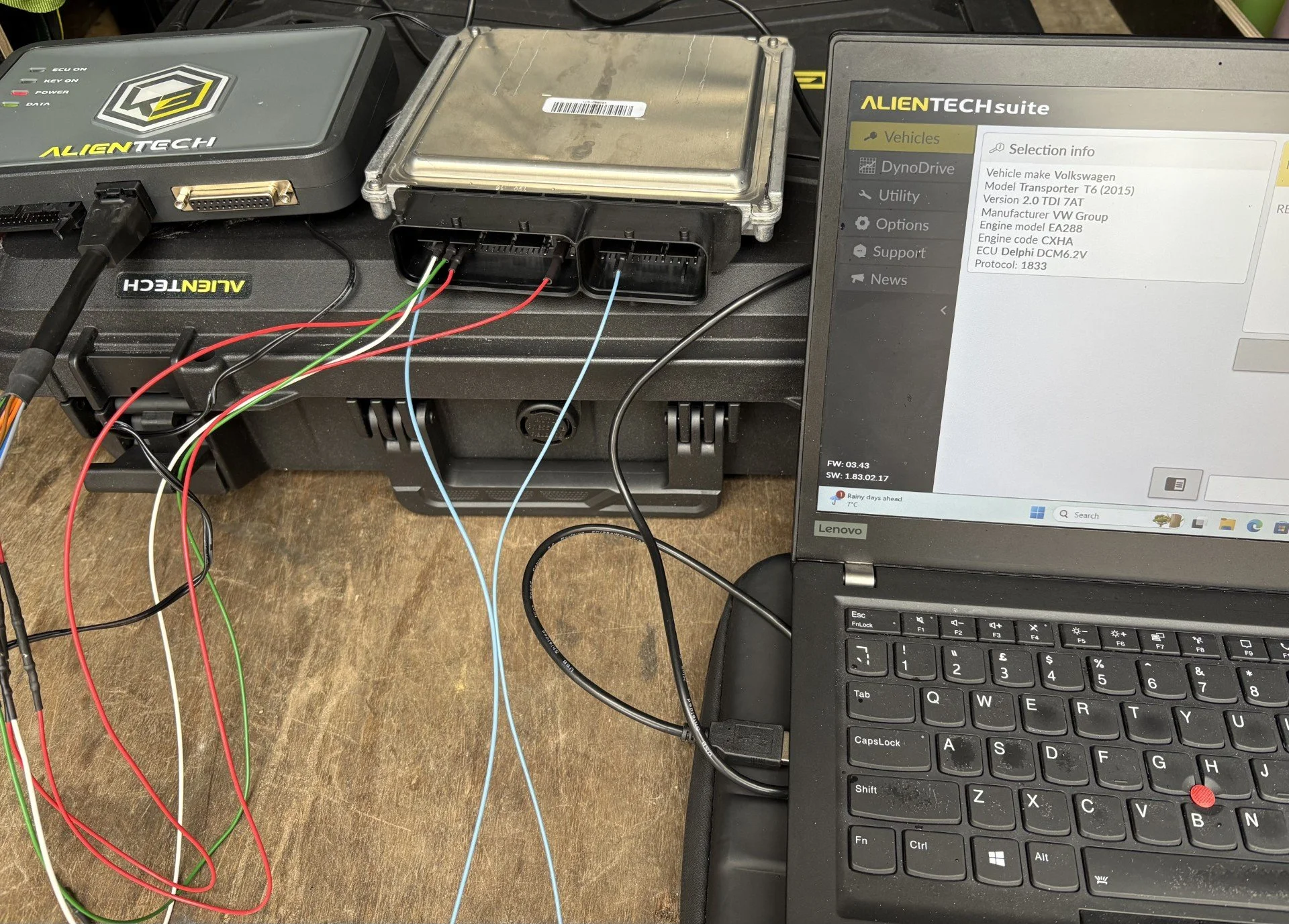Bench tuning setup with laptop for professional ECU remapping and AdBlue software solutions Kent.