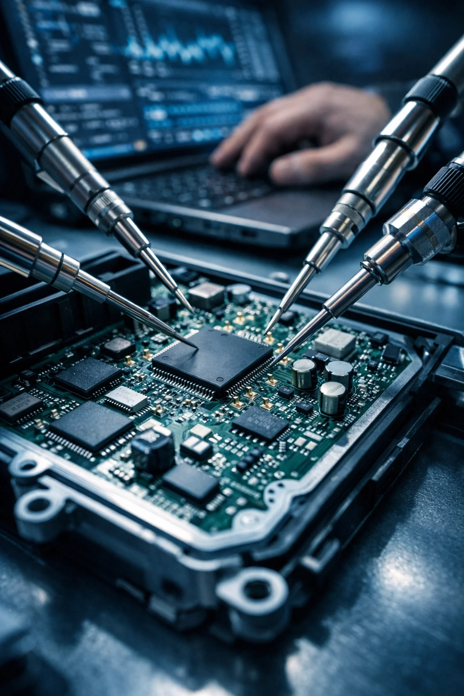 Specialist ECU bench tuning using precision probes on a circuit board at Kent Eco Tuning for modern vehicles with anti-tune protection.