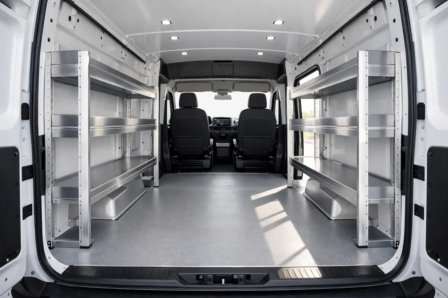 Lightweight aluminum shelving in a trade van to optimize vehicle weight and reduce fuel costs.