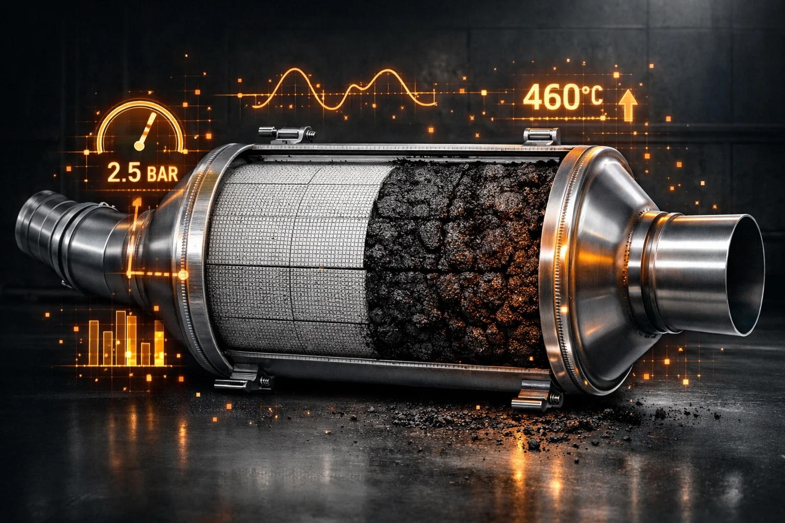 Blocked DPF filter showing heavy soot accumulation and diagnostic software monitoring